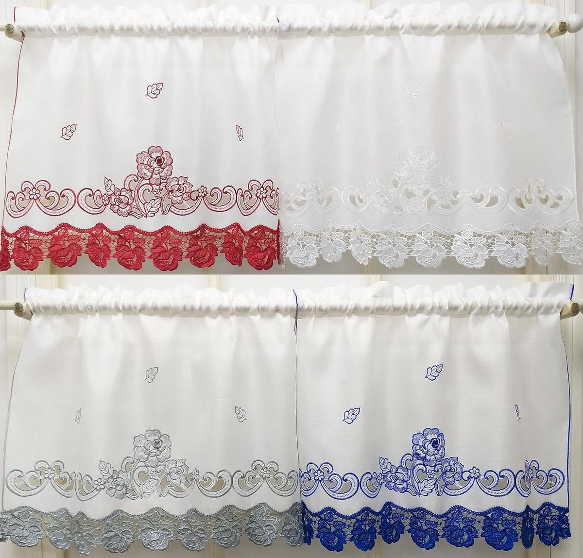 GOHD Lace Rosarium Kitchen Curtains, 3PCS Kitchen Curtains and Valances Set, Elegant White Fabric with Rose Embroidery and Lace. (Grey, Swag and 22 inches Tiers Set)