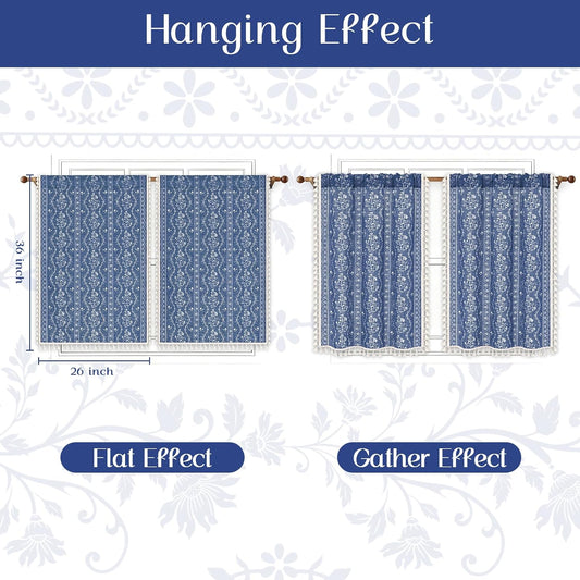 Yinhua Boho Kitchen Curtains 36 Inch Length Vintage Linen Cafe Curtains Light Filtering Bohemian Floral Tier Rod Pocket Farmhouse Rustic Tassel Small Drapes with Tiebacks, 2 Panels, Blue
