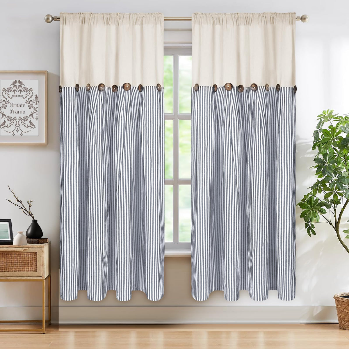 ASPMIZ Cotton Linen Kitchen Valance Curtains, Boho Rustic Button Linen Valances for Windows Farmhouse, Black with Grey Stripe Valance Window Topper Treatment Window Valances for Bathroom, 52 x 18 Inch