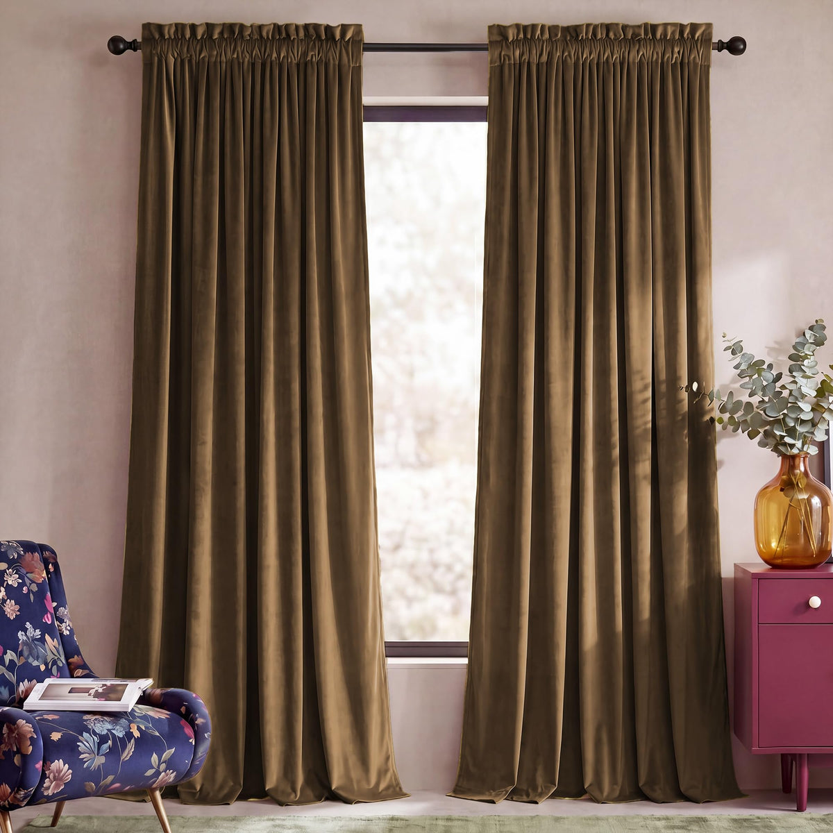 NICETOWN Black Out Velvet Curtains 63 inches Long for Kitchen