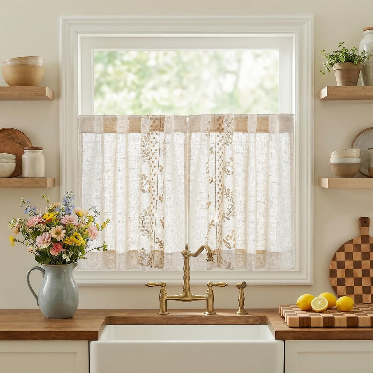 jinchan Beige Floral Linen Kitchen Tier Curtains 50x54 Inch 2 Panels
