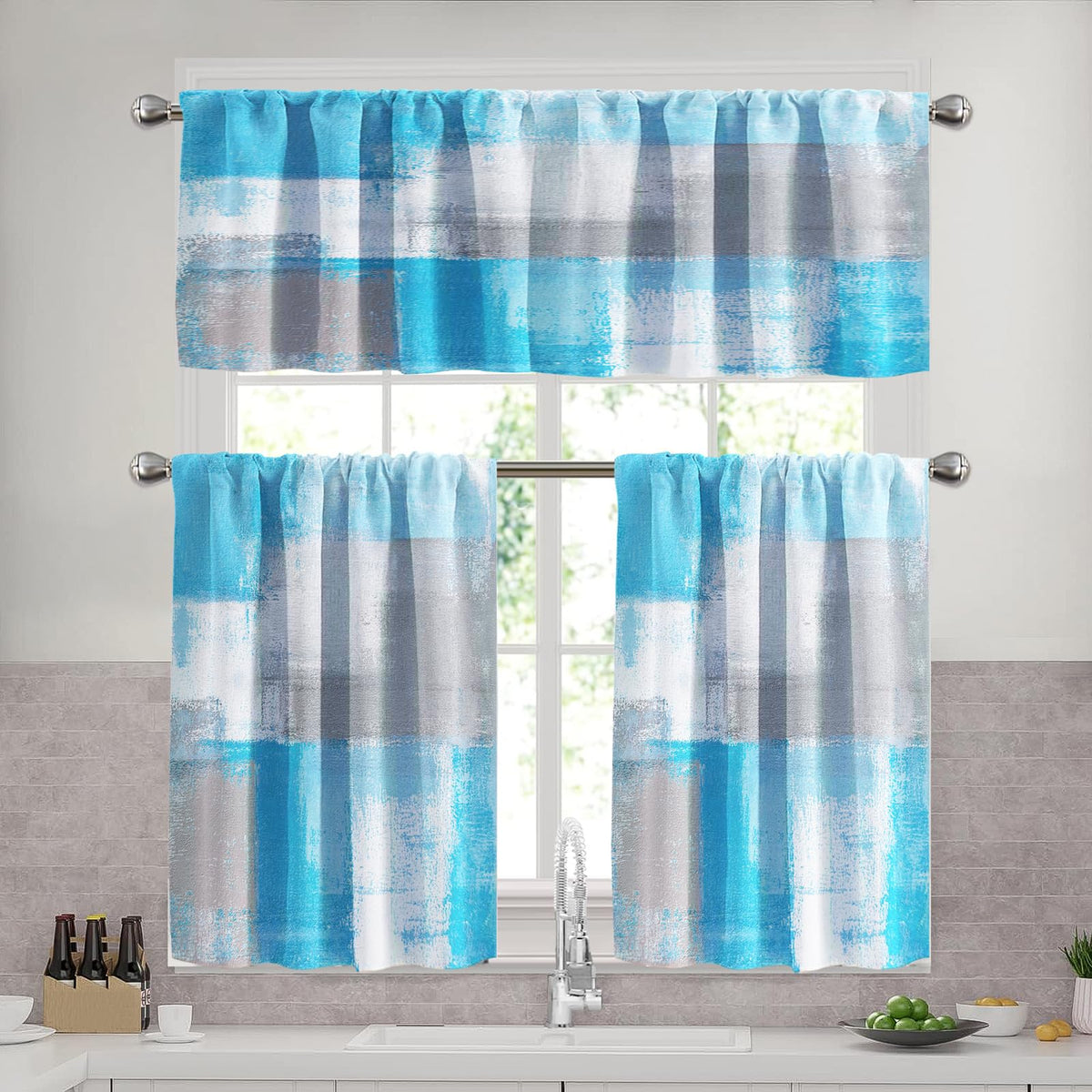 Blue Brown Kitchen Curtains Set, 3 Piece 52x36 Inch Valance & Tier Curtains