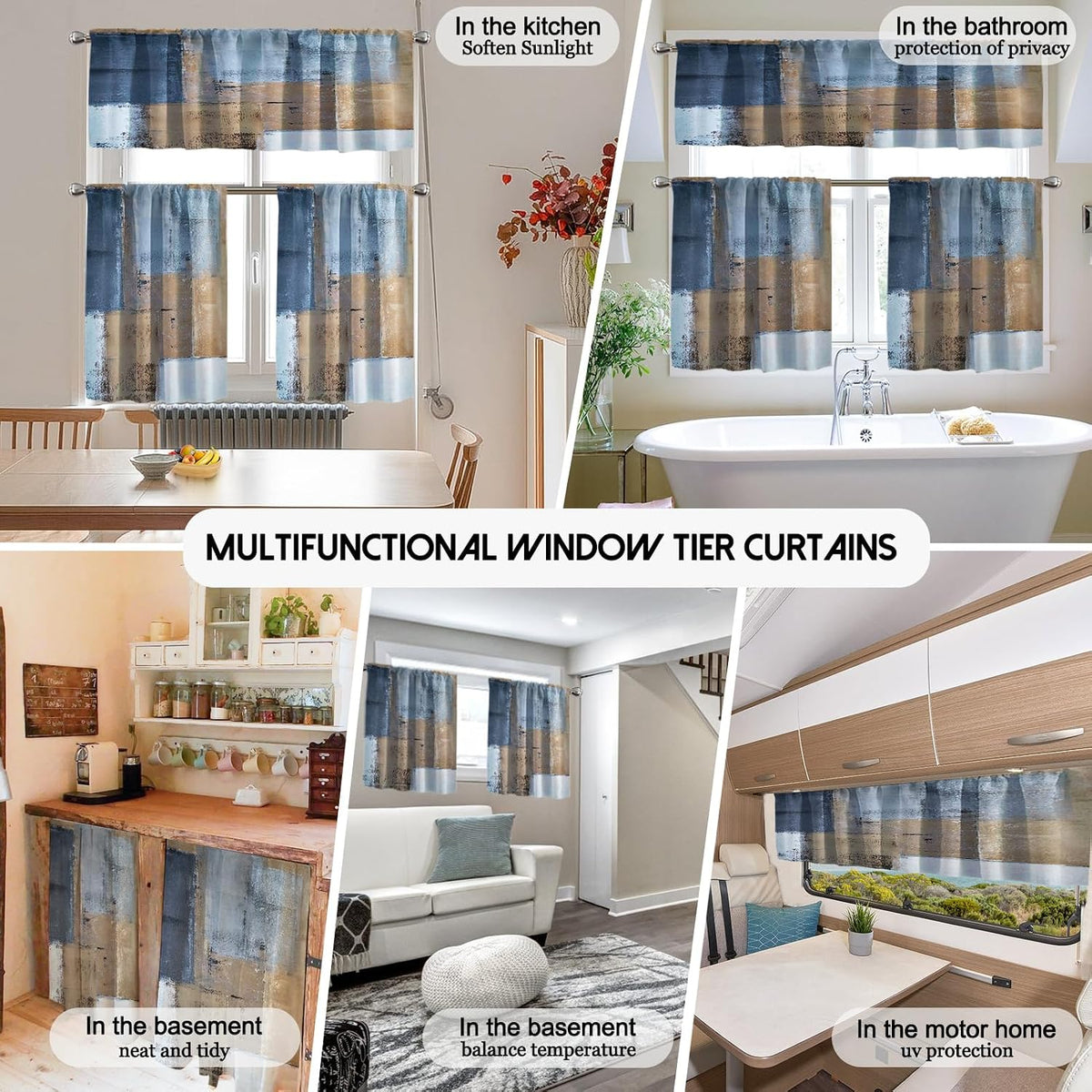 Blue Brown Kitchen Curtains Set, 3 Piece 52x36 Inch Valance & Tier Curtains