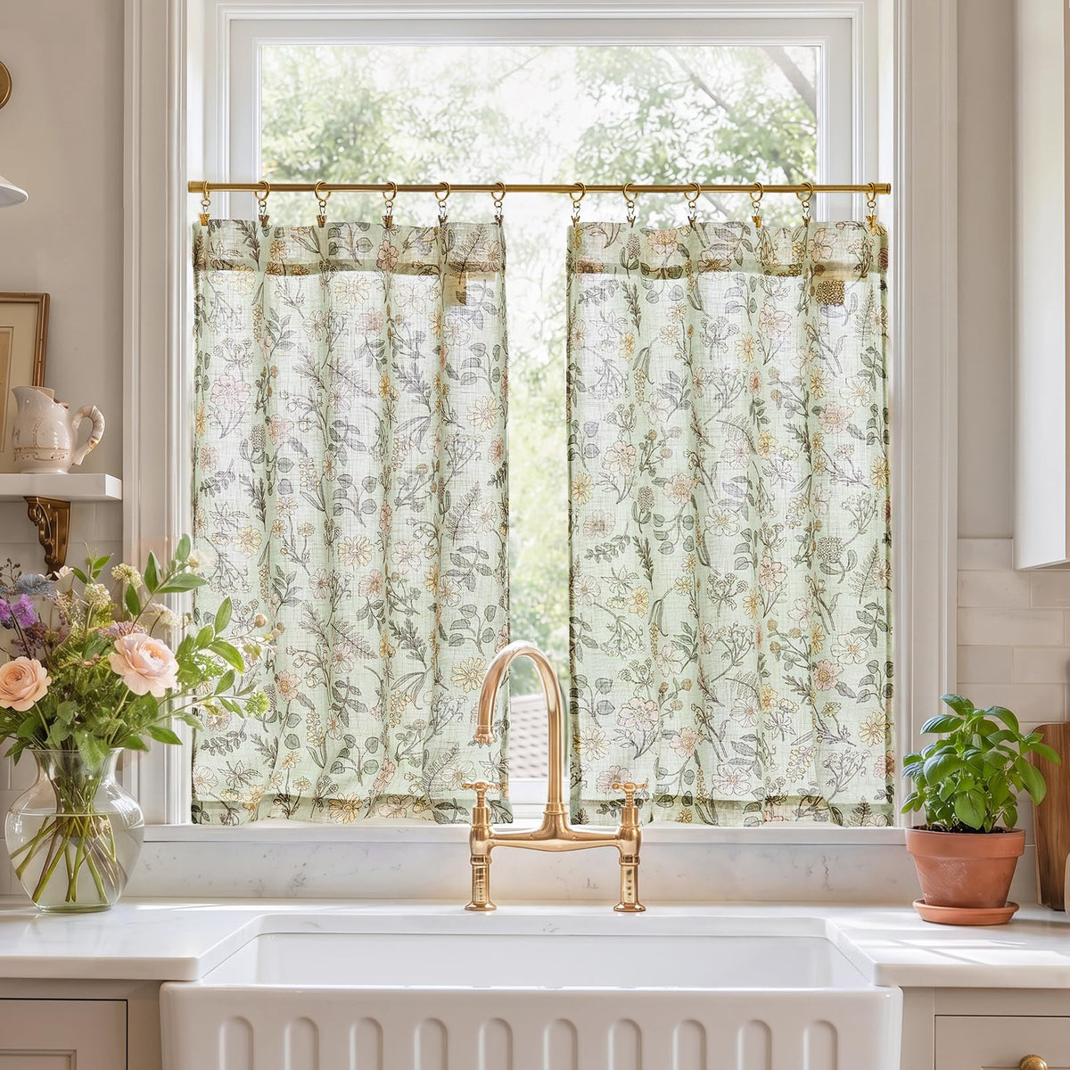 jinchan Floral Kitchen Tier Curtains 24 Inch 2 Panels Sage Green on Beige