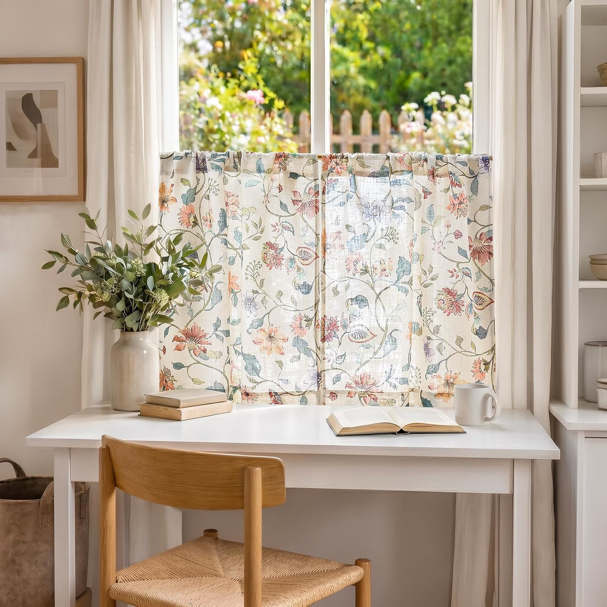 jinchan Hattie Floral Linen Kitchen Tier Curtains Beige 30 in 2 Panels
