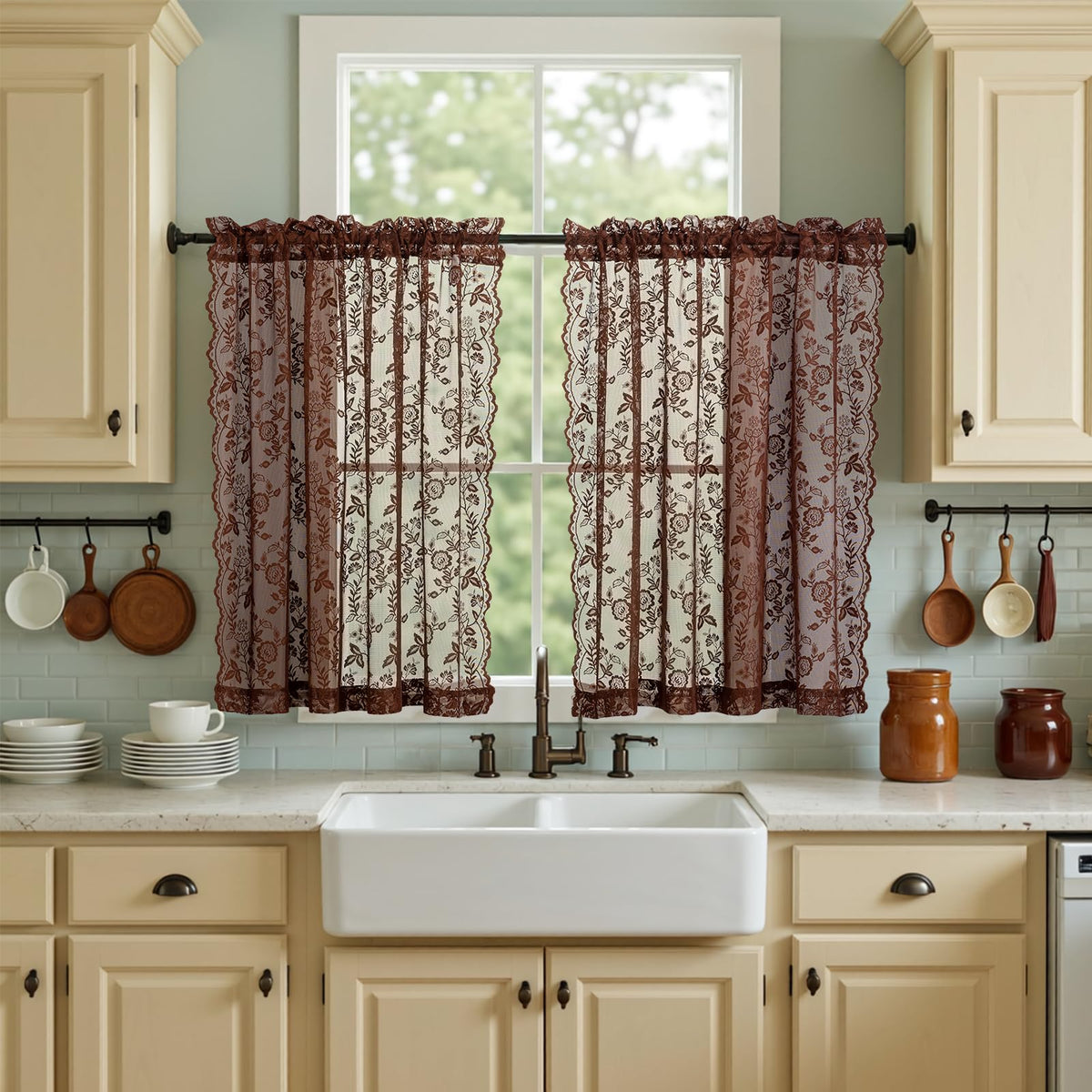FINECITY Short Beige Lace Curtains Rustic Leaf Floral W42xL36 Inch 2 Panels