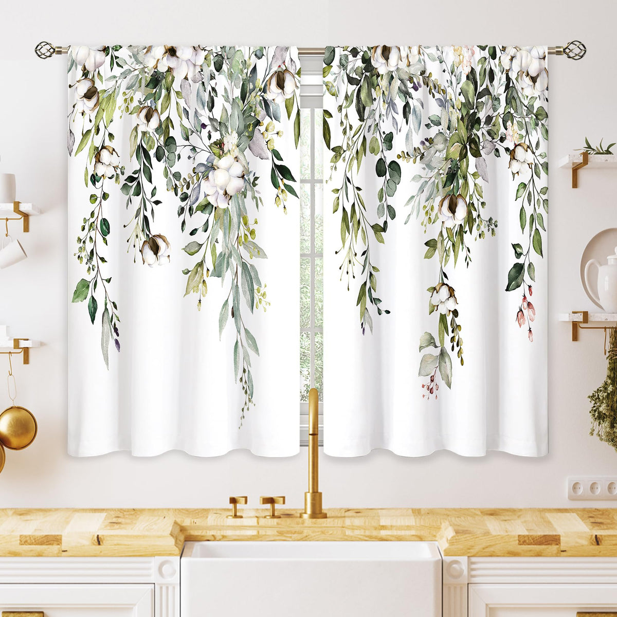 Eucalyptus Botanical Leaves Floral Kitchen Window Curtains Over Sink Boho Farmhouse Flower Leaf Small Window Treatment Sage Green Cafe Short Curtains for Bathroom Tier Drapes 27.5x39 inch