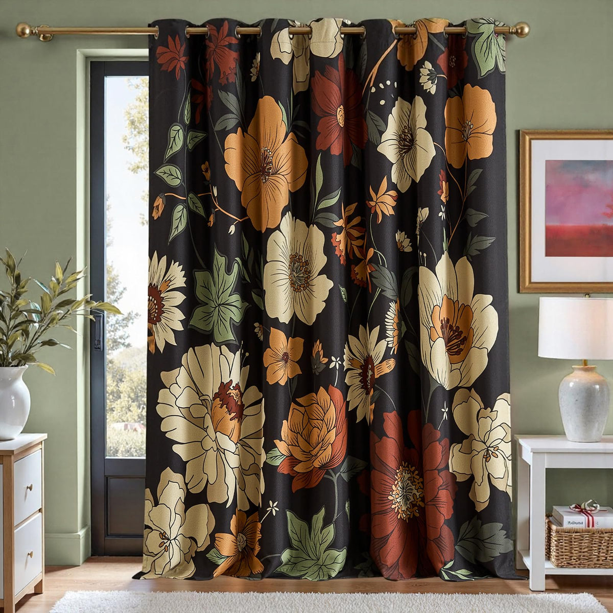 jinchan Black Boho Floral Blackout Curtains 84 Inch Grommet 2 Panels