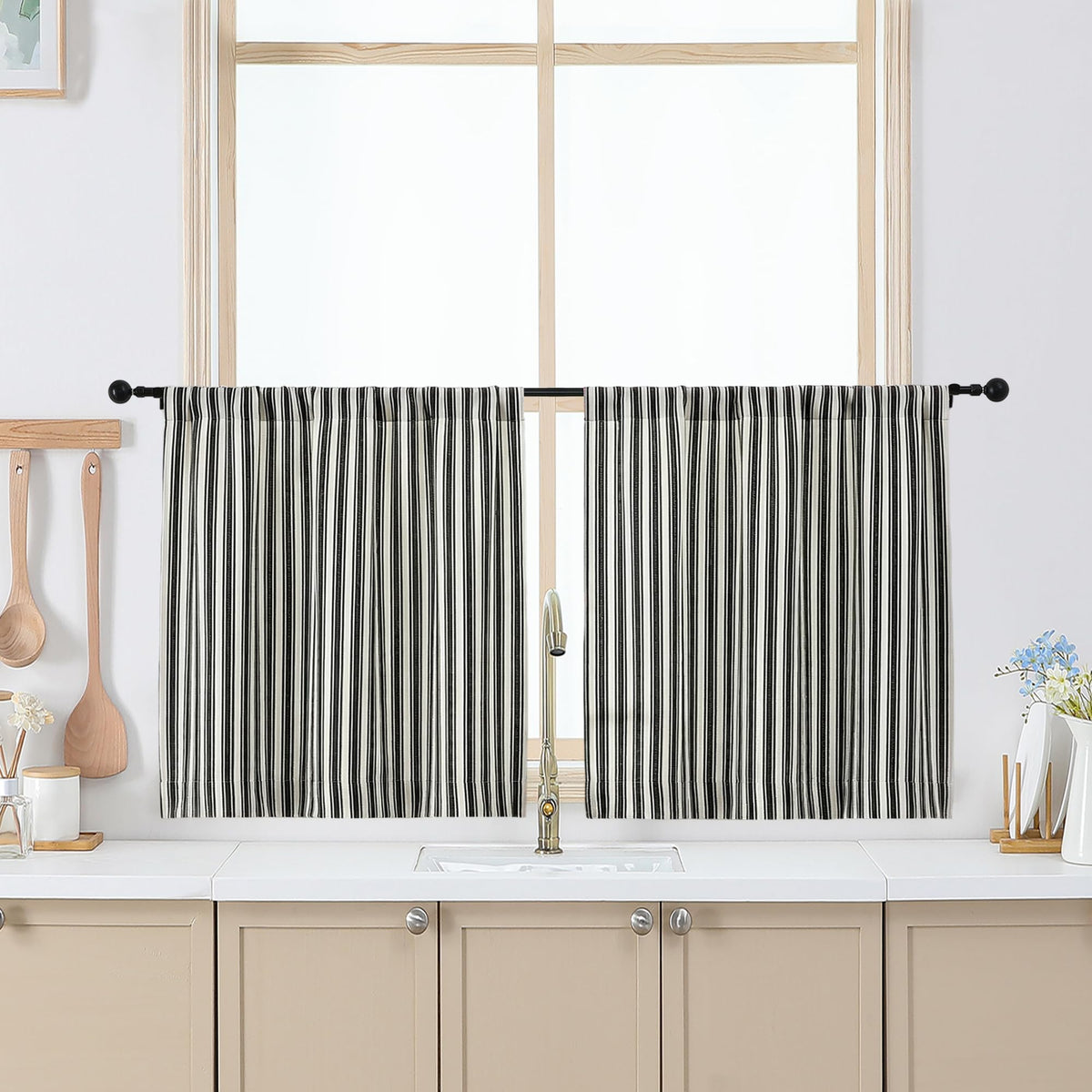 Chyhomenyc Striped Short Curtains 36 Inch Length - Light Filtering Faux Linen Living Room Tier Half Window Curtains, Farmhouse Modern Boho Curtain for Bathroom, 30Wx36L, 2 Pieces, Stone Blue
