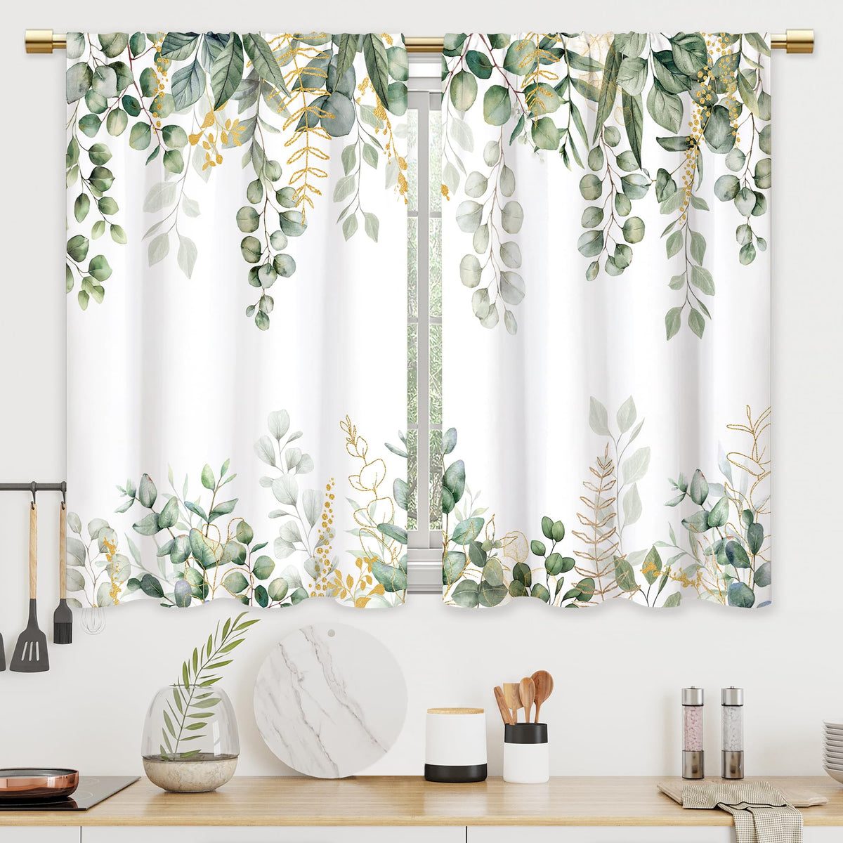 Colorful Leaves Kitchen Curtains Boho Botanical Bathroom Curtains Window Treatment Drapes Tier Flower Floral Cafe Small Bedroom Short French Door Curtains Rod Pocket 2 Panels 27.5x39 Inch