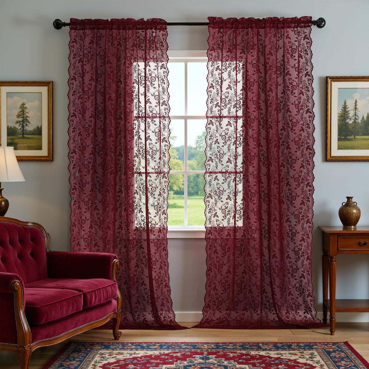 FINECITY Short Beige Lace Curtains Rustic Leaf Floral W42xL36 Inch 2 Panels