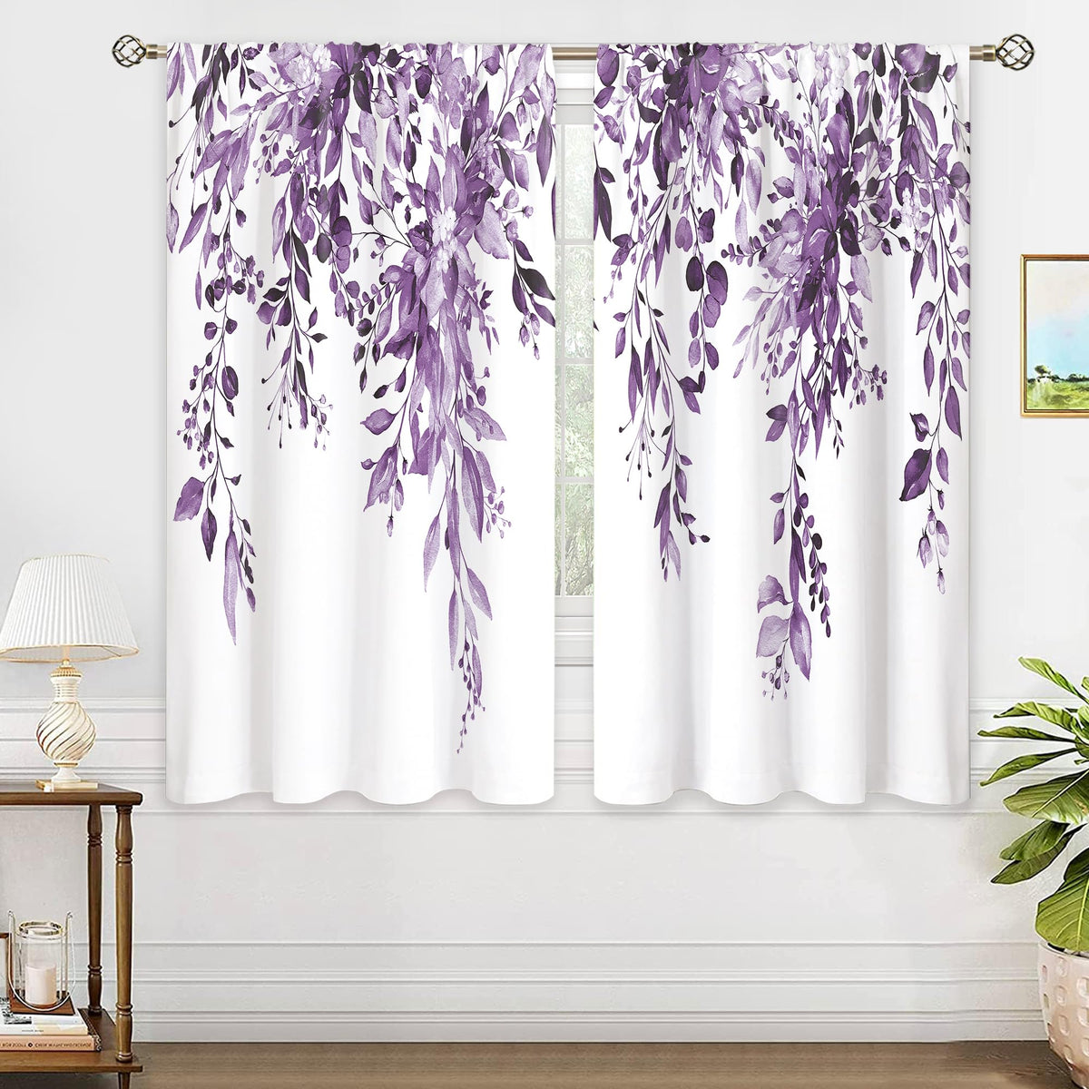 Eucalyptus Botanical Leaves Floral Kitchen Window Curtains Over Sink Boho Farmhouse Flower Leaf Small Window Treatment Sage Green Cafe Short Curtains for Bathroom Tier Drapes 27.5x39 inch