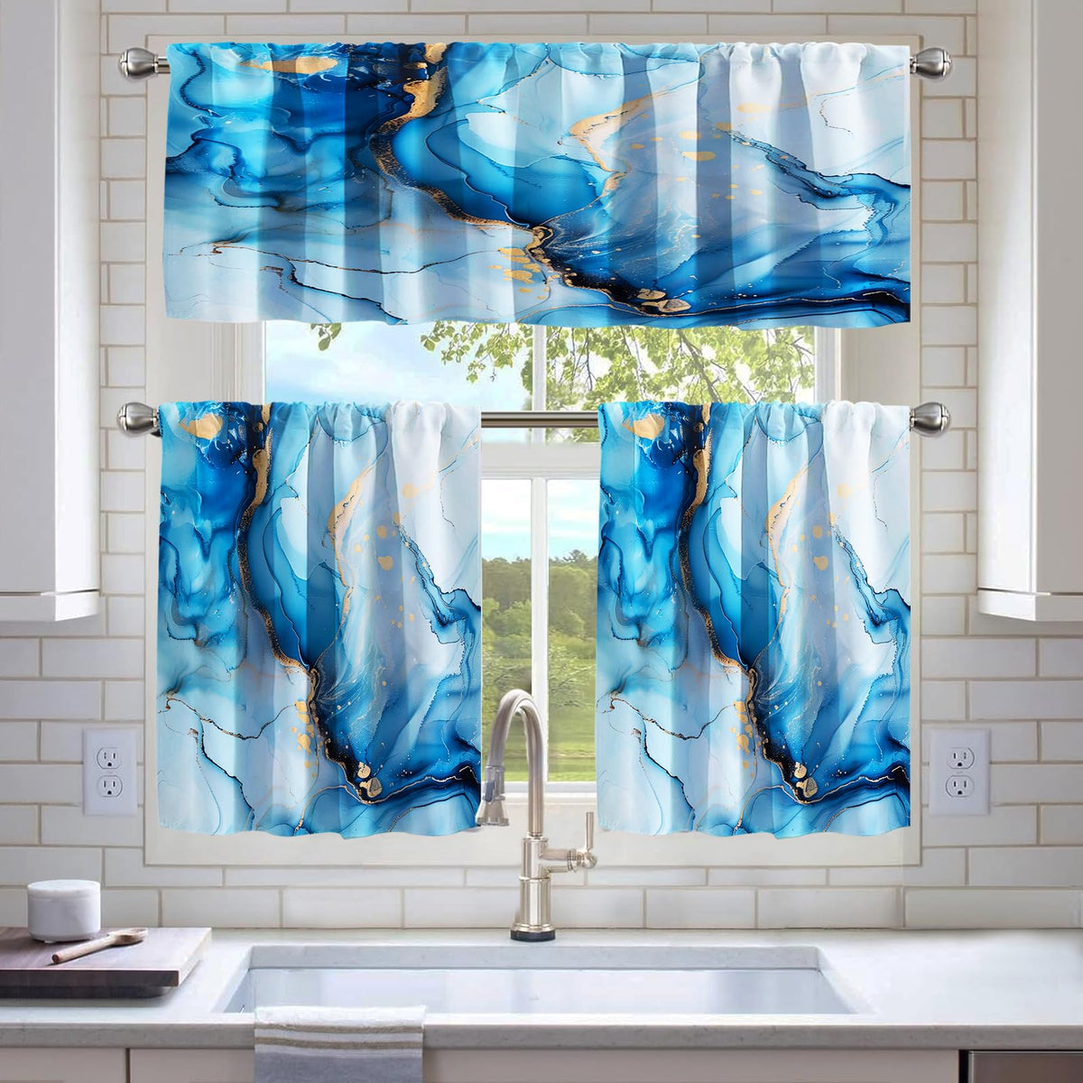 Kitchen Curtains Sets for Windows,52x36 Inch 3 Piece,Green Marble
