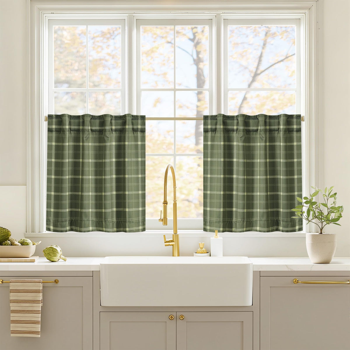 NICETOWN Olive Green Farmhouse Gingham Tiers Kitchen 100% Blackout Curtains