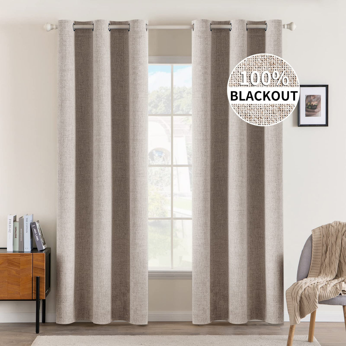MIULEE 100% Blackout Linen Curtains for Bedroom 52x54 Inches Natural Beige