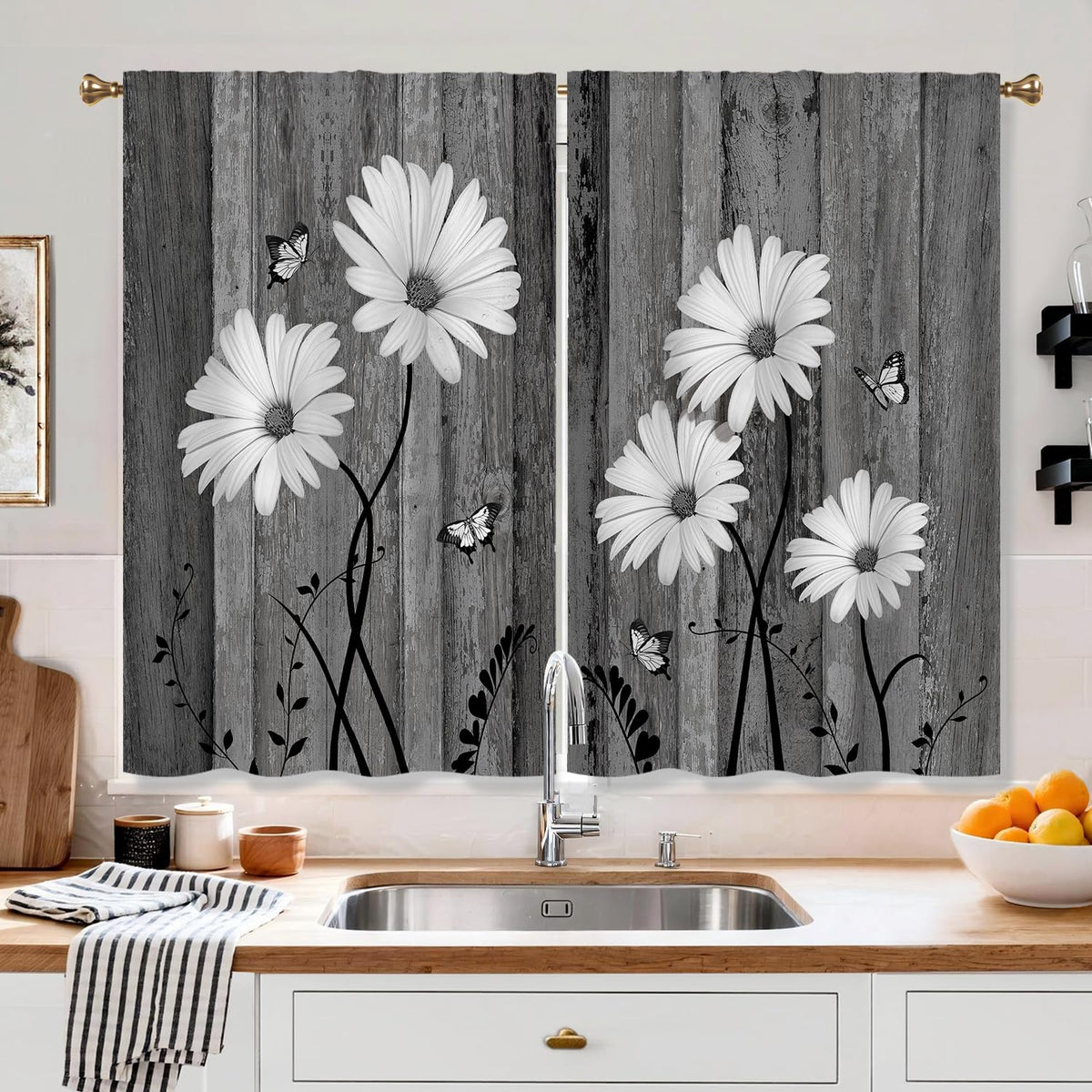 Farmhouse Sunflower Kitchen Curtain Rustic Small Short Cafe Window Curtains Country Wooden Barn Inspirational Bathroom Window Drapes Treatment Tier Curtains 2 Panels (27.5x39 Inch)