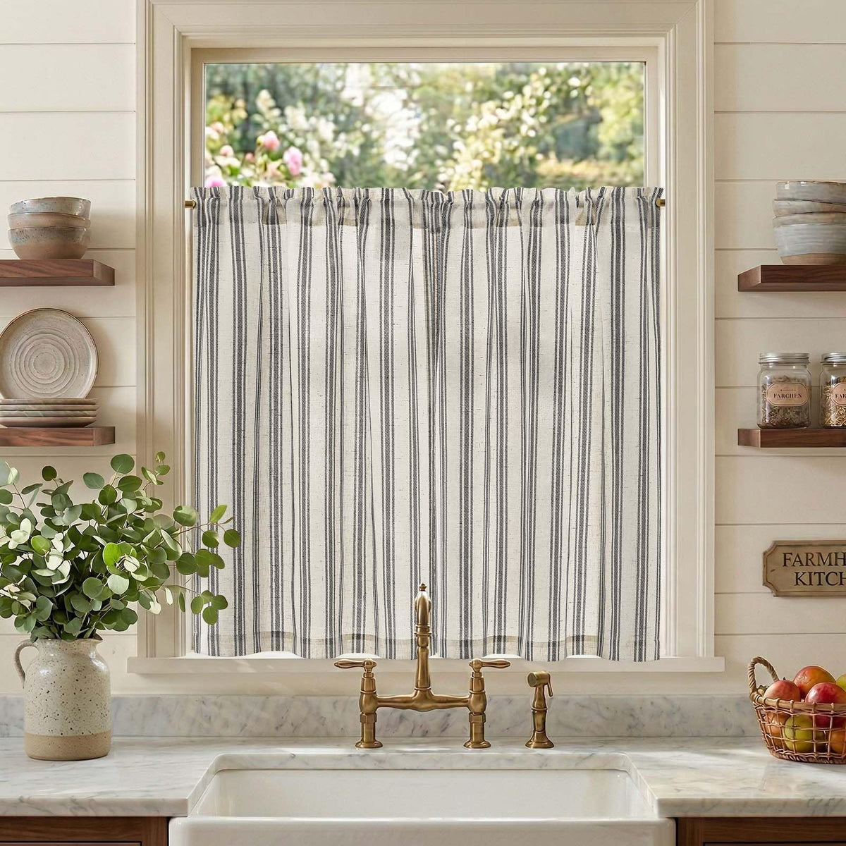 jinchan Linen Striped Tier Curtains for Kitchen Windows Farmhouse