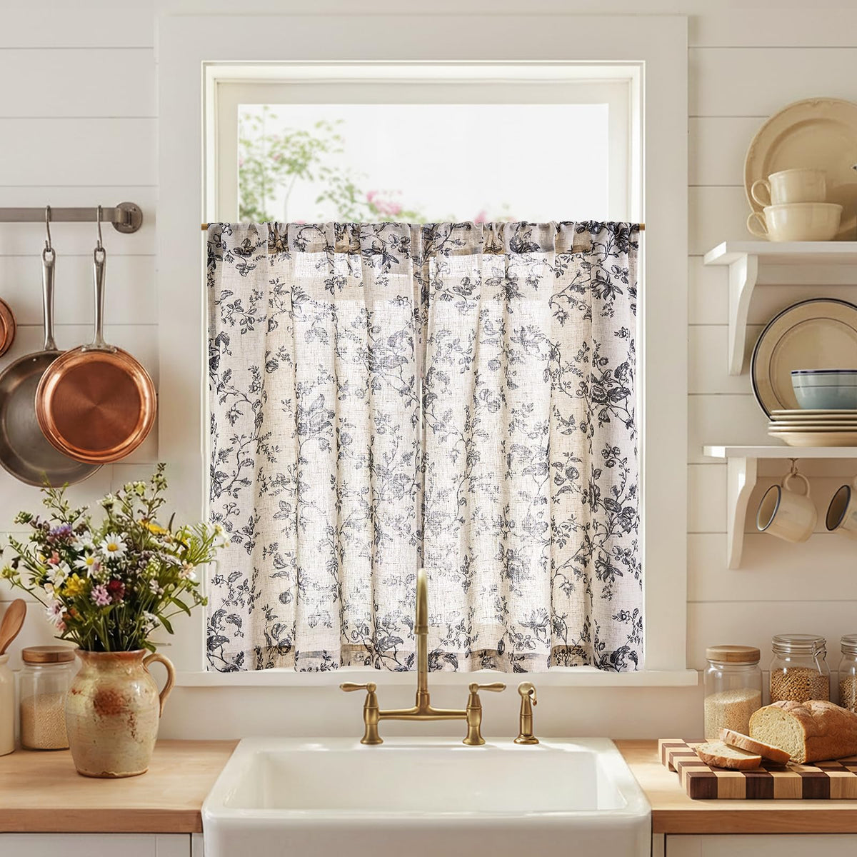 jinchan Floral Linen Kitchen Tier Curtains, 36 Inch, 2 Panels, Taupe