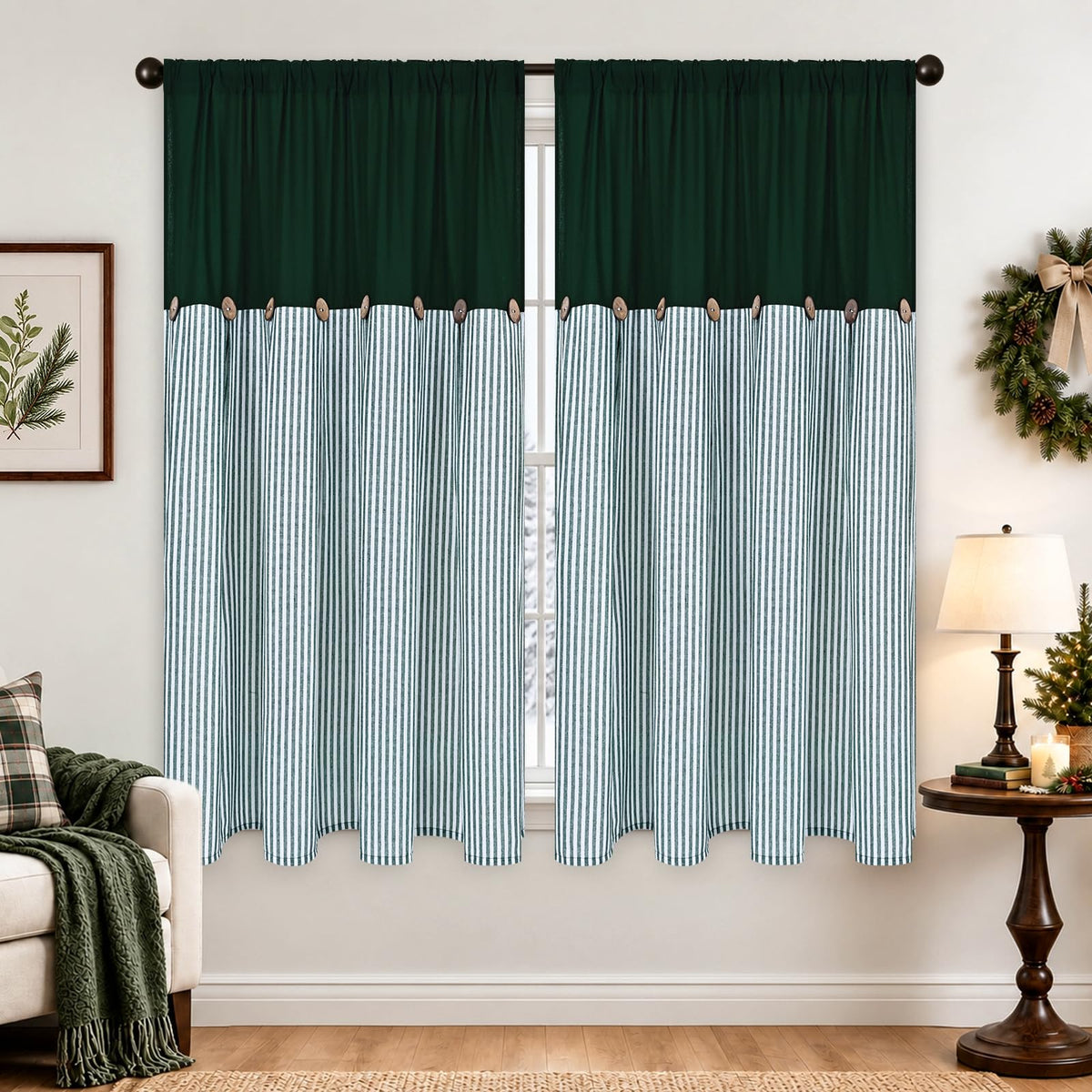 ASPMIZ Cotton Linen Kitchen Valance Curtains, Boho Rustic Button Linen Valances for Windows Farmhouse, Black with Grey Stripe Valance Window Topper Treatment Window Valances for Bathroom, 52 x 18 Inch