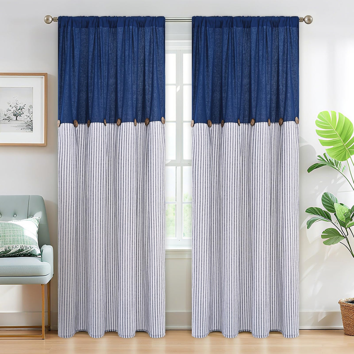 ASPMIZ Cotton Linen Kitchen Valance Curtains, Boho Rustic Button Linen Valances for Windows Farmhouse, Black with Grey Stripe Valance Window Topper Treatment Window Valances for Bathroom, 52 x 18 Inch