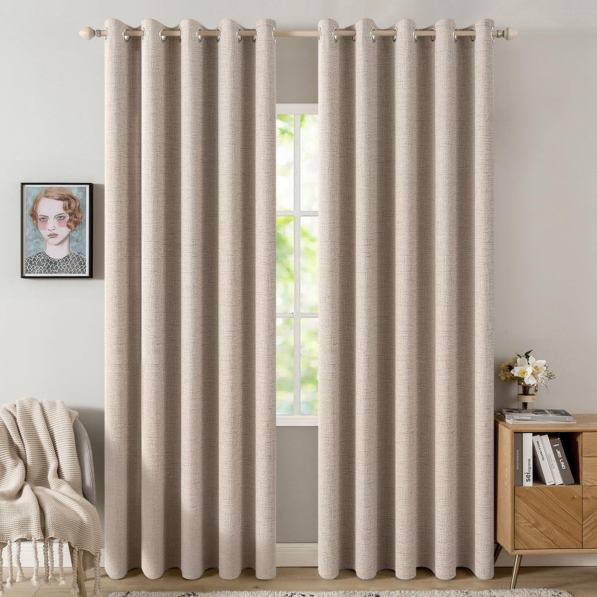 MIULEE 100% Blackout Linen Curtains for Bedroom 52x54 Inches Natural Beige