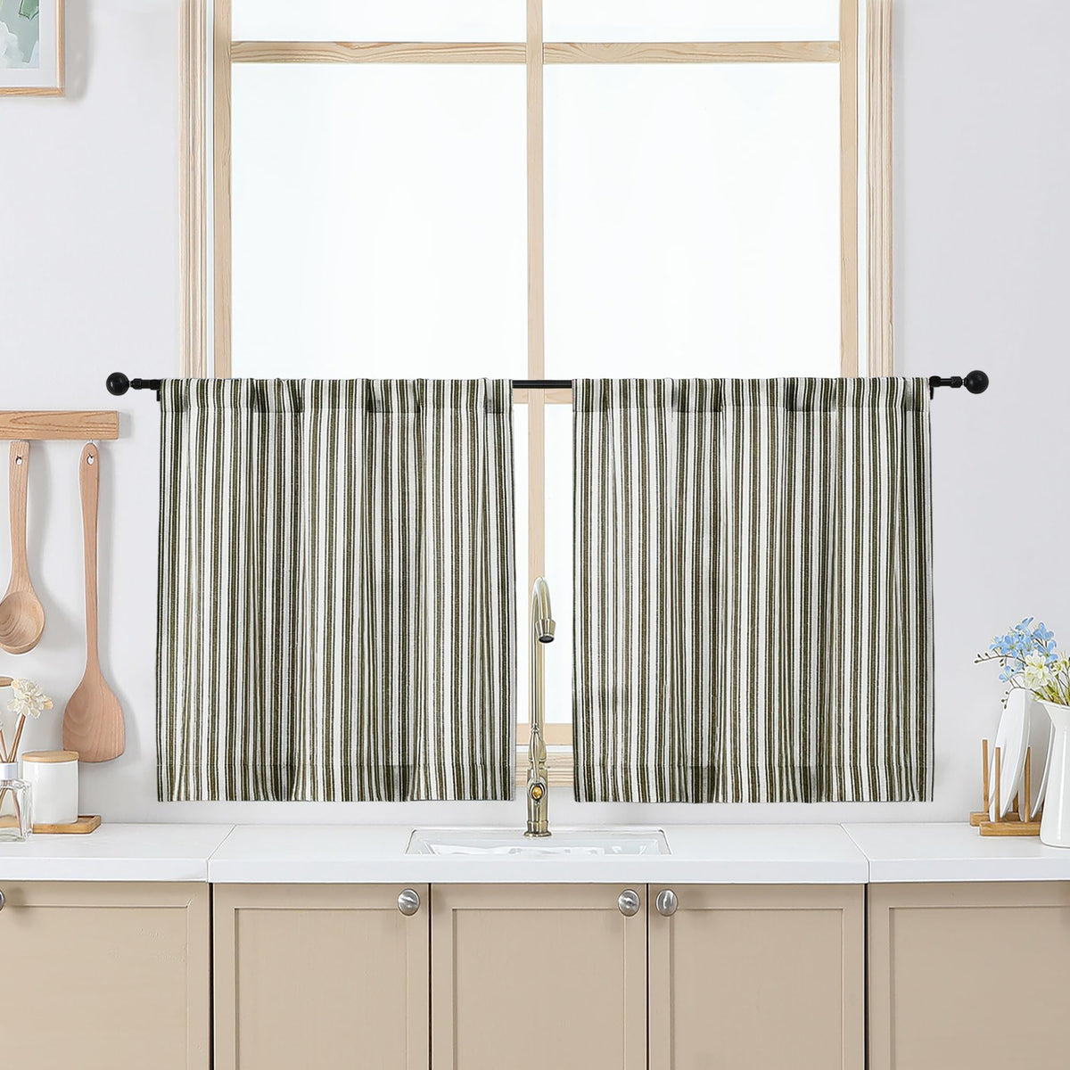 Chyhomenyc Striped Short Curtains 36 Inch Length - Light Filtering Faux Linen Living Room Tier Half Window Curtains, Farmhouse Modern Boho Curtain for Bathroom, 30Wx36L, 2 Pieces, Stone Blue