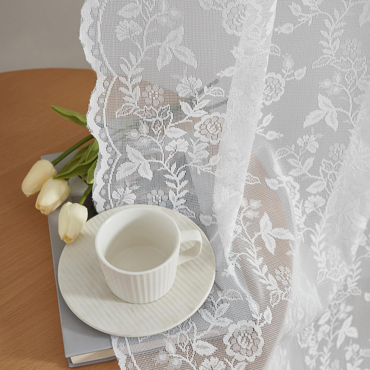 FINECITY Short Beige Lace Curtains Rustic Leaf Floral W42xL36 Inch 2 Panels