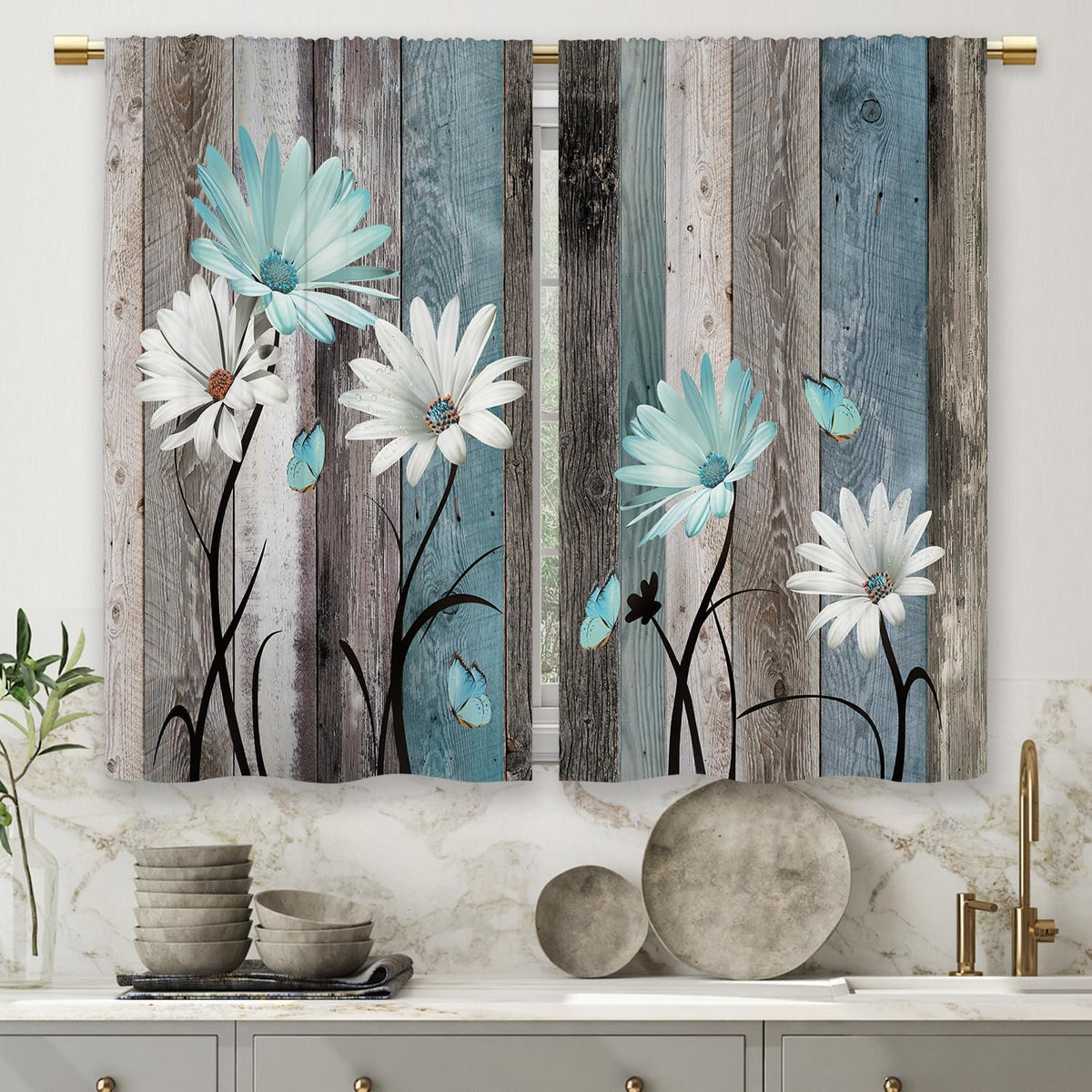 Teal Farmhouse Daisy Kitchen Curtains Wooden Flower Small Short Cafe Window Curtains Rustic Floral Butterfly Country Bathroom Drapes Treatment Tier Curtains 2 Panels (27.5x39 Inch)