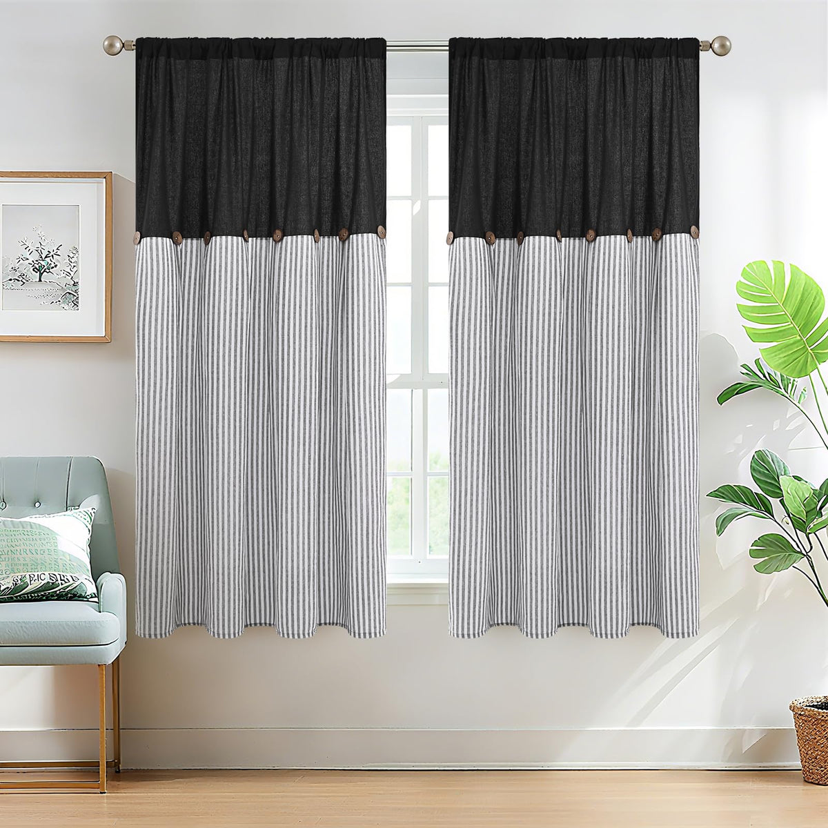 ASPMIZ Cotton Linen Kitchen Valance Curtains, Boho Rustic Button Linen Valances for Windows Farmhouse, Black with Grey Stripe Valance Window Topper Treatment Window Valances for Bathroom, 52 x 18 Inch