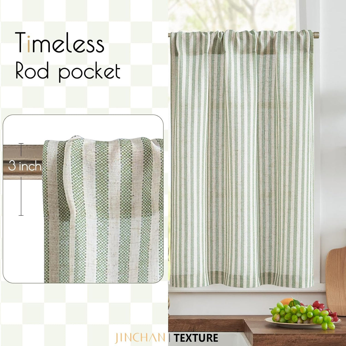 jinchan Striped Linen Kitchen Tier Curtains, 30 Inch, Sage Green, 2 Panels