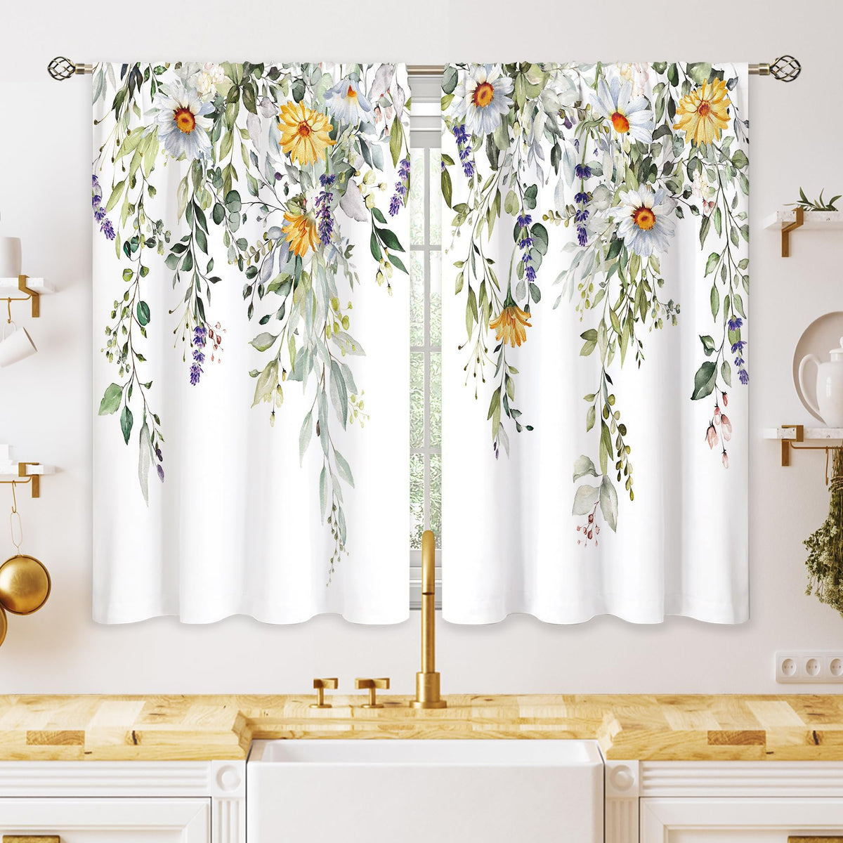 Eucalyptus Botanical Leaves Floral Kitchen Window Curtains Over Sink Boho Farmhouse Flower Leaf Small Window Treatment Sage Green Cafe Short Curtains for Bathroom Tier Drapes 27.5x39 inch