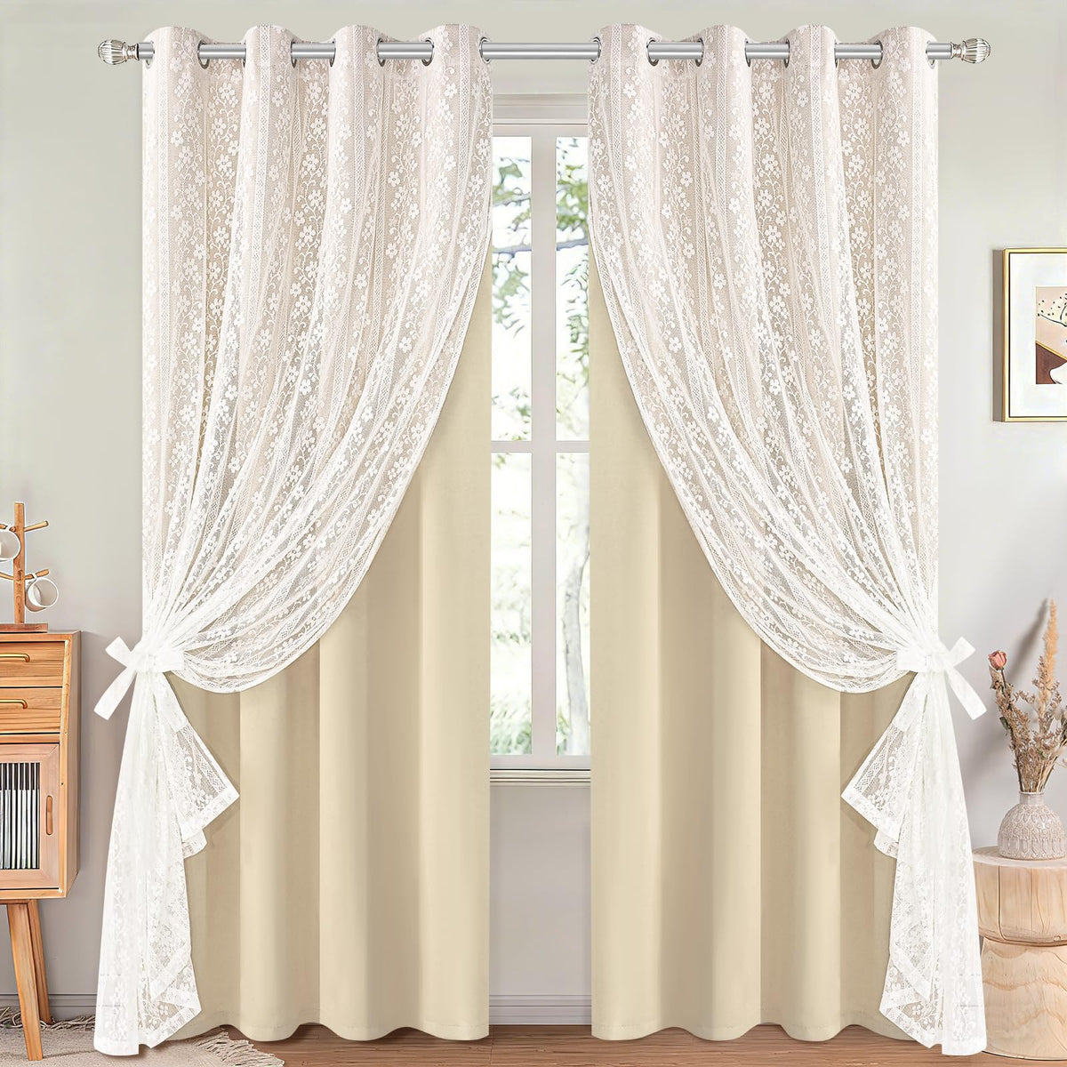 ASPMIZ Linen Kitchen Curtains 36 Inch Length, Double Layered Window Curtain 2 Panel Sets Rod Pocket Short Curtains for Kitchen, Farmhouse Window Treatment Tiers for Bathroom, Cafe, Beige
