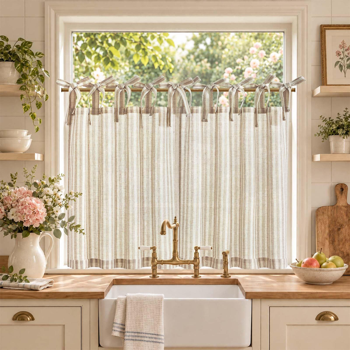 jinchan Striped Linen Kitchen Tier Curtains, 20 Inch, Tan, 2 Panels