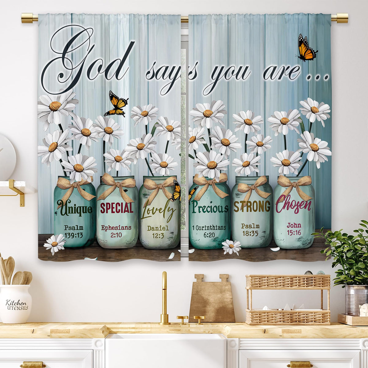 Teal Farmhouse Daisy Kitchen Curtains Wooden Flower Small Short Cafe Window Curtains Rustic Floral Butterfly Country Bathroom Drapes Treatment Tier Curtains 2 Panels (27.5x39 Inch)