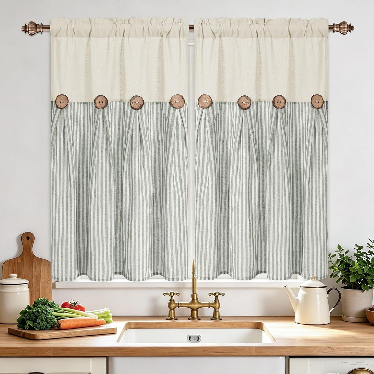 BLEUM CADE Farmhouse Kitchen Curtains 36 Inch, Cotton Linen Cafe Curtains with Rustic Buttons, Boho Small Window Curtains for Bathroom, Green Stripe Half Window Drapes Over Sink, 2 Panels