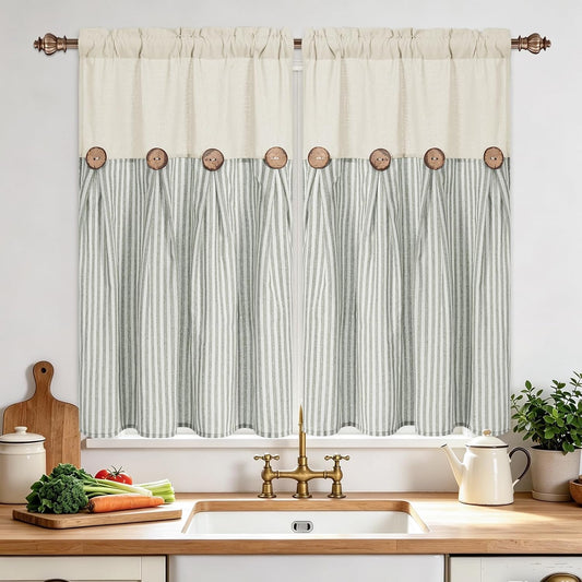 BLEUM CADE Farmhouse Kitchen Curtains 36 Inch, Cotton Linen Cafe Curtains with Rustic Buttons, Boho Small Window Curtains for Bathroom, Green Stripe Half Window Drapes Over Sink, 2 Panels