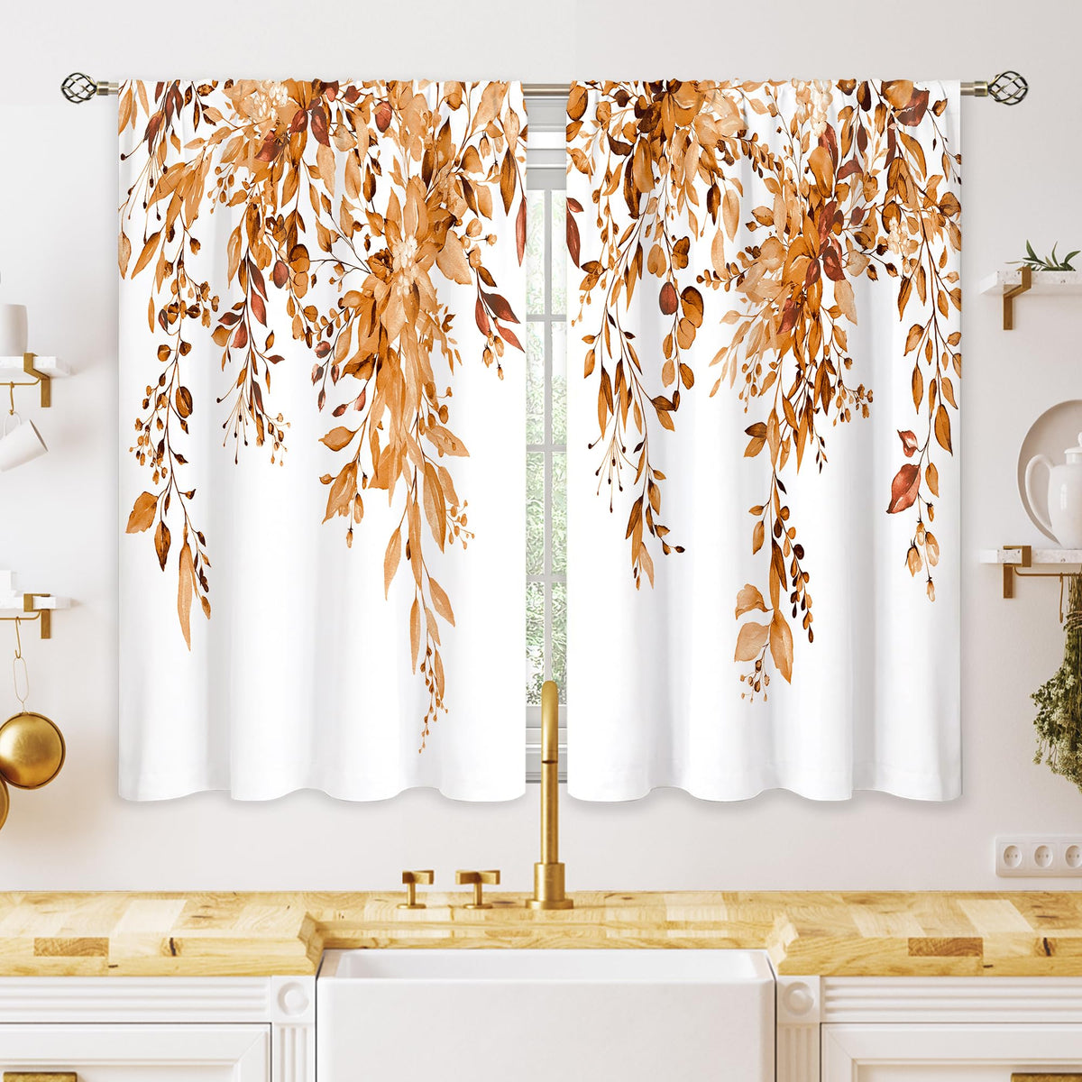 Eucalyptus Botanical Leaves Floral Kitchen Window Curtains Over Sink Boho Farmhouse Flower Leaf Small Window Treatment Sage Green Cafe Short Curtains for Bathroom Tier Drapes 27.5x39 inch
