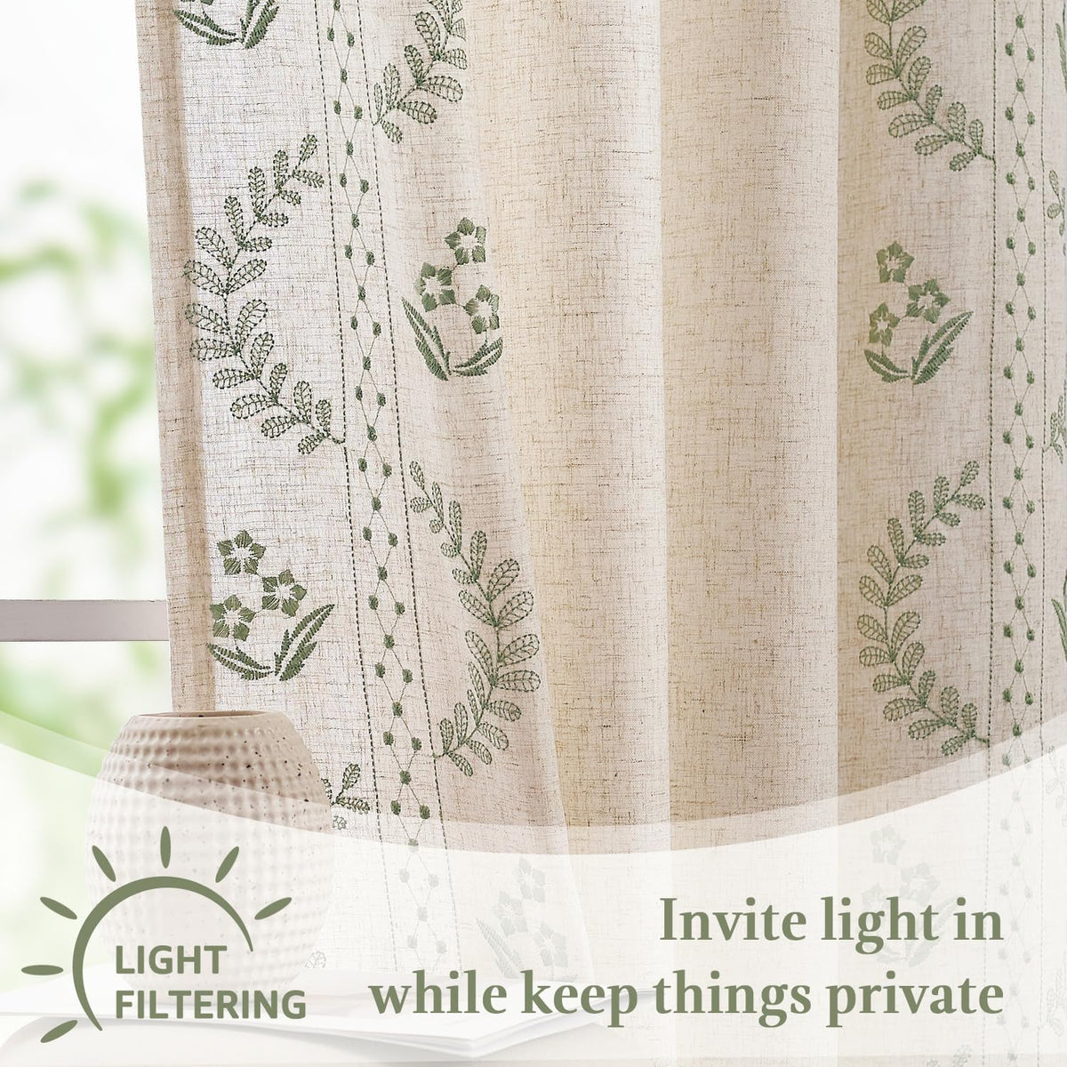 jinchan Green Floral Linen Kitchen Tier Curtains 50x45 Inch 2 Panels