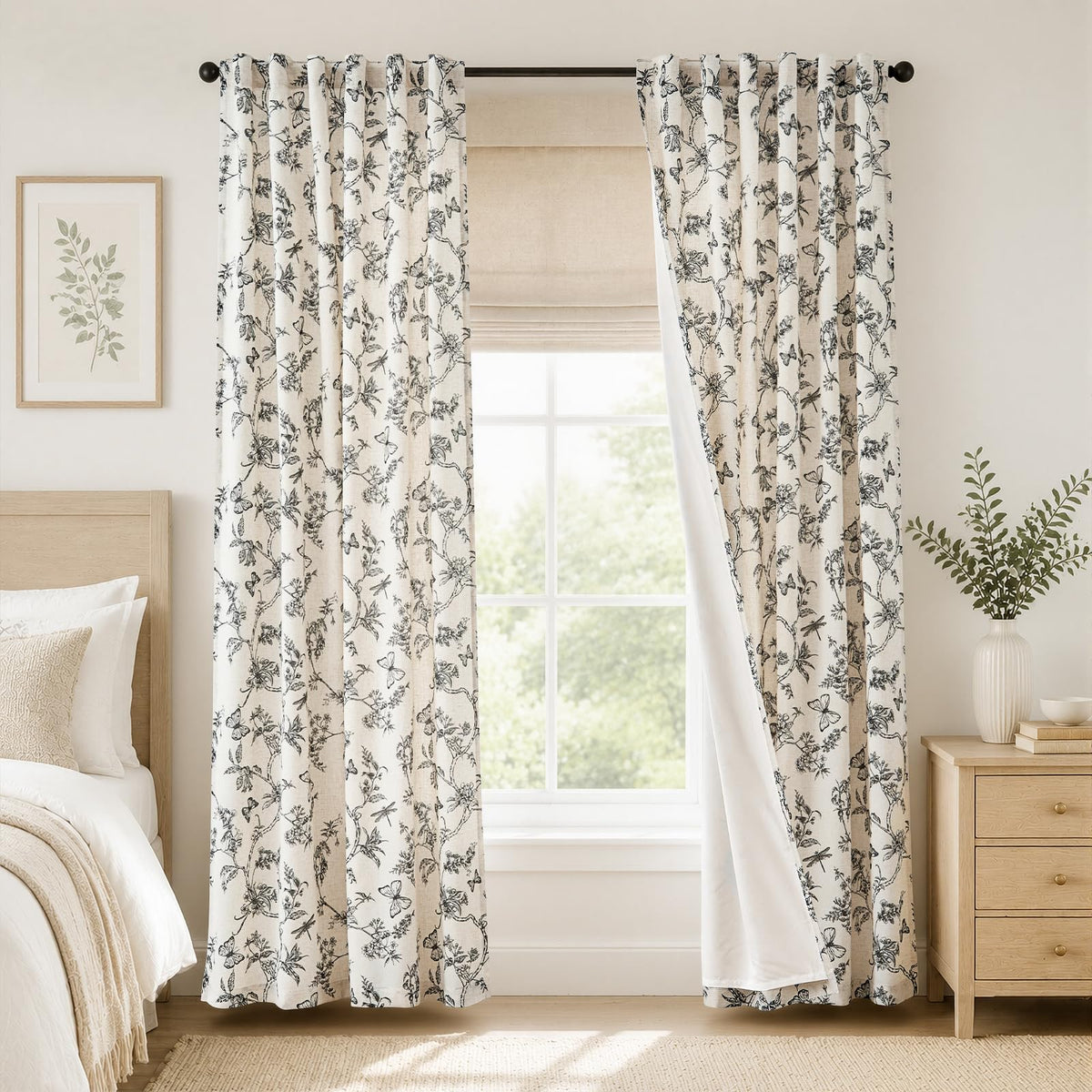Lazzzy Green Floral Linen Curtains Farmhouse Rod Pocket 50W X 84L 2 Panels