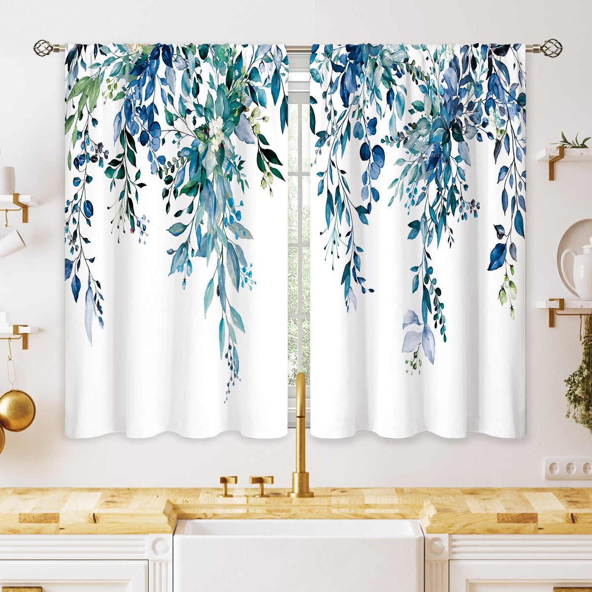 Eucalyptus Botanical Leaves Floral Kitchen Window Curtains Over Sink Boho Farmhouse Flower Leaf Small Window Treatment Sage Green Cafe Short Curtains for Bathroom Tier Drapes 27.5x39 inch