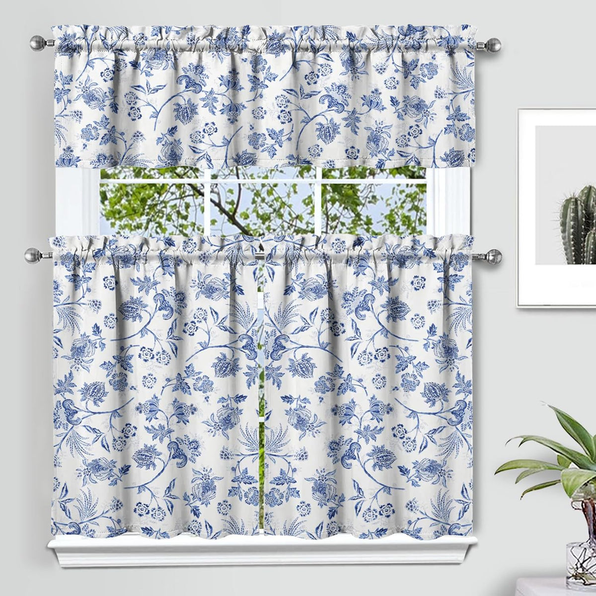 Sage Kitchen Curtain Valance 3 Piece Set, Sage Leaf Floral Kitchen Decor for Home Interior, Farmhouse Style Sink Window Curtains 36 Inch