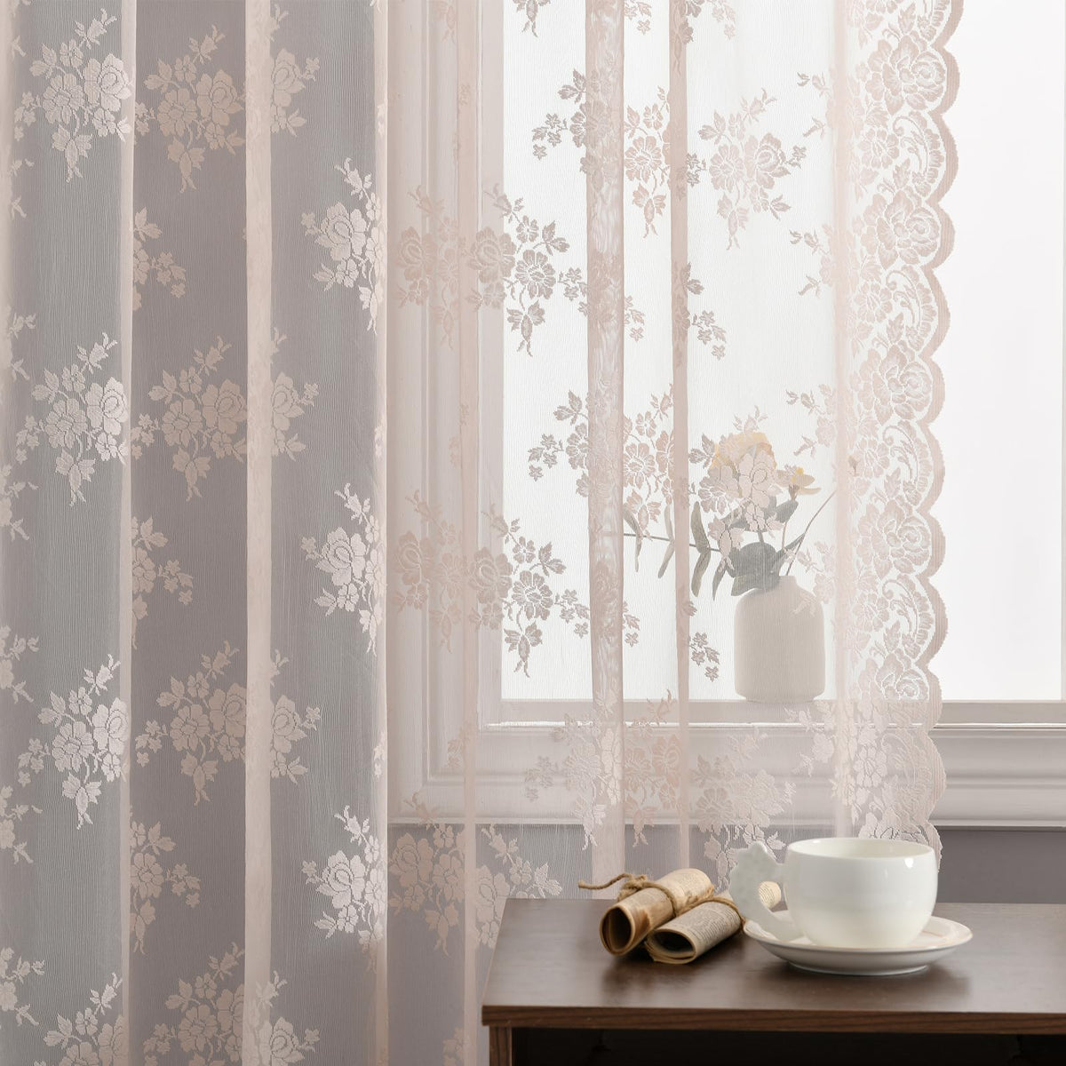 Kotile Short Beige Lace Curtains for Kitchen Windows W42xL45 Inch, 2 Panels