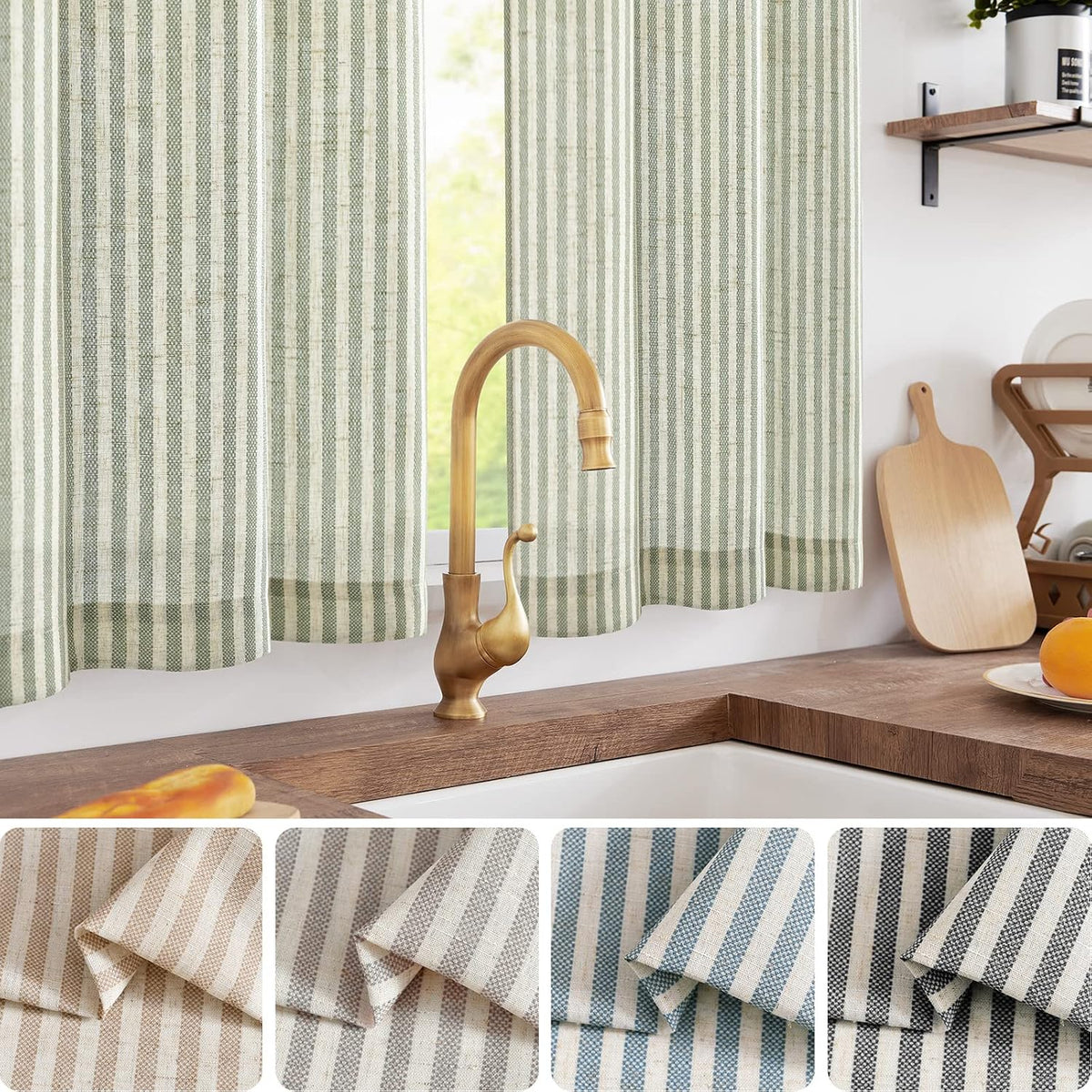 jinchan Striped Linen Kitchen Tier Curtains, 30 Inch, Sage Green, 2 Panels