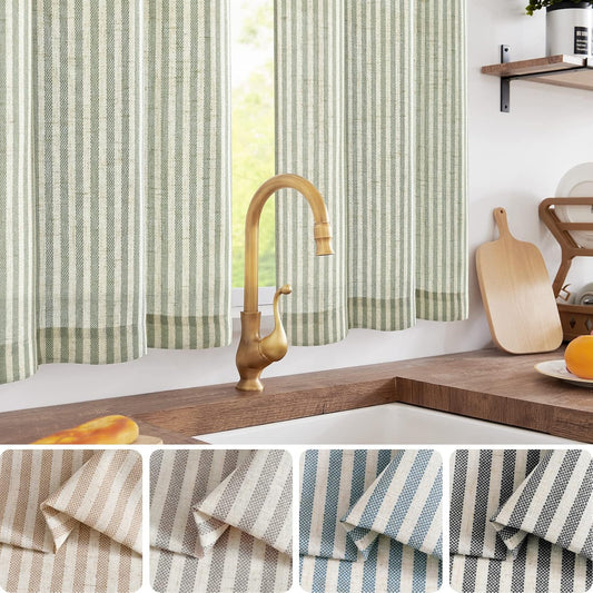 jinchan Striped Linen Kitchen Tier Curtains, 30 Inch, Sage Green, 2 Panels