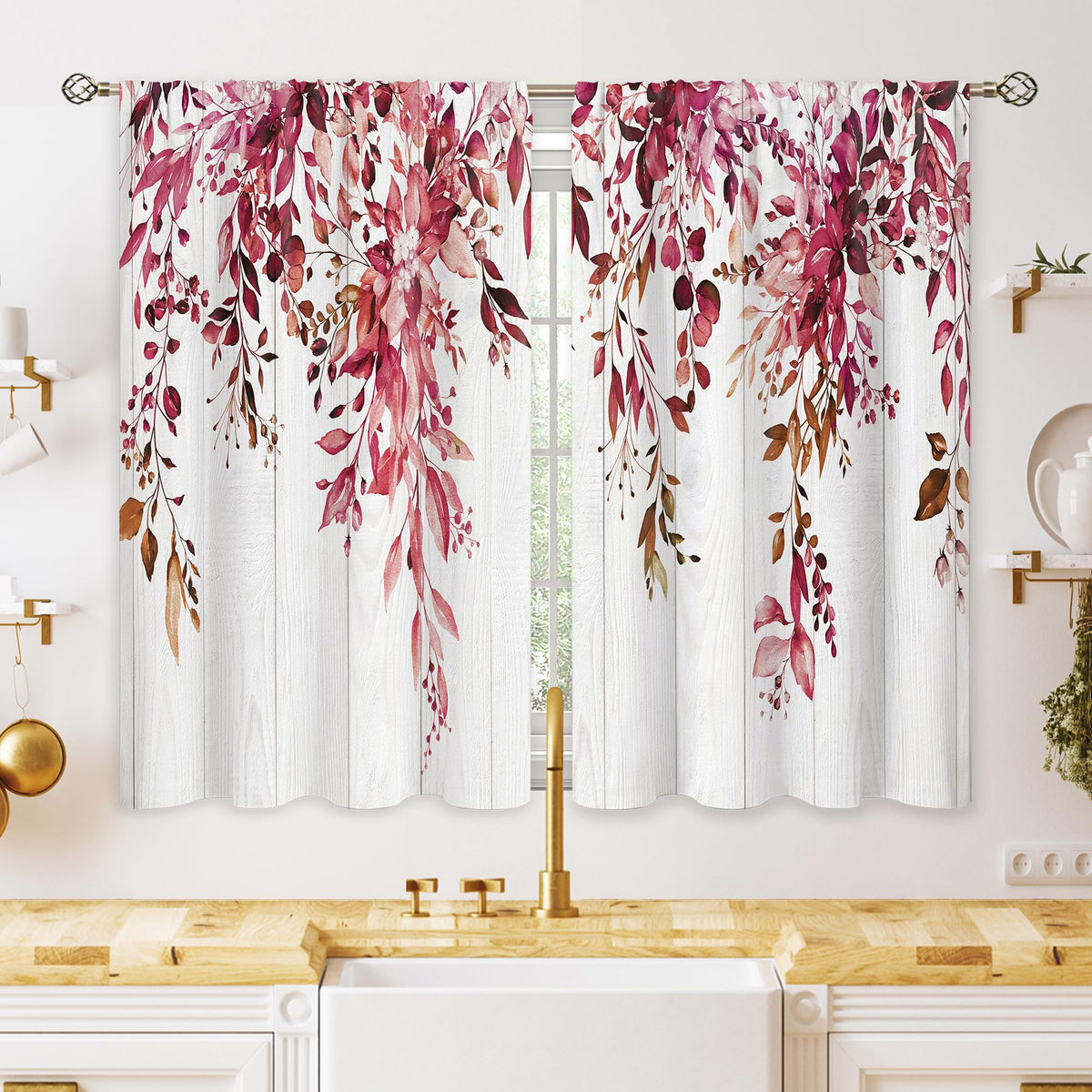 Eucalyptus Botanical Leaves Floral Kitchen Window Curtains Over Sink Boho Farmhouse Flower Leaf Small Window Treatment Sage Green Cafe Short Curtains for Bathroom Tier Drapes 27.5x39 inch