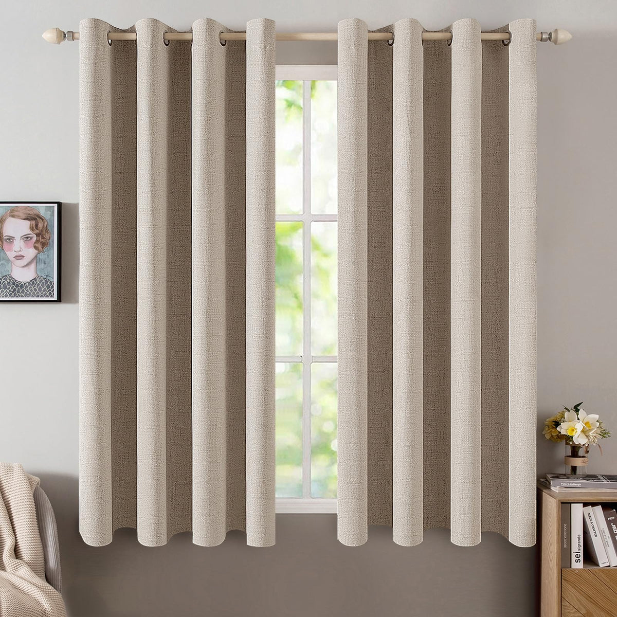 MIULEE 100% Blackout Linen Curtains for Bedroom 52x54 Inches Natural Beige