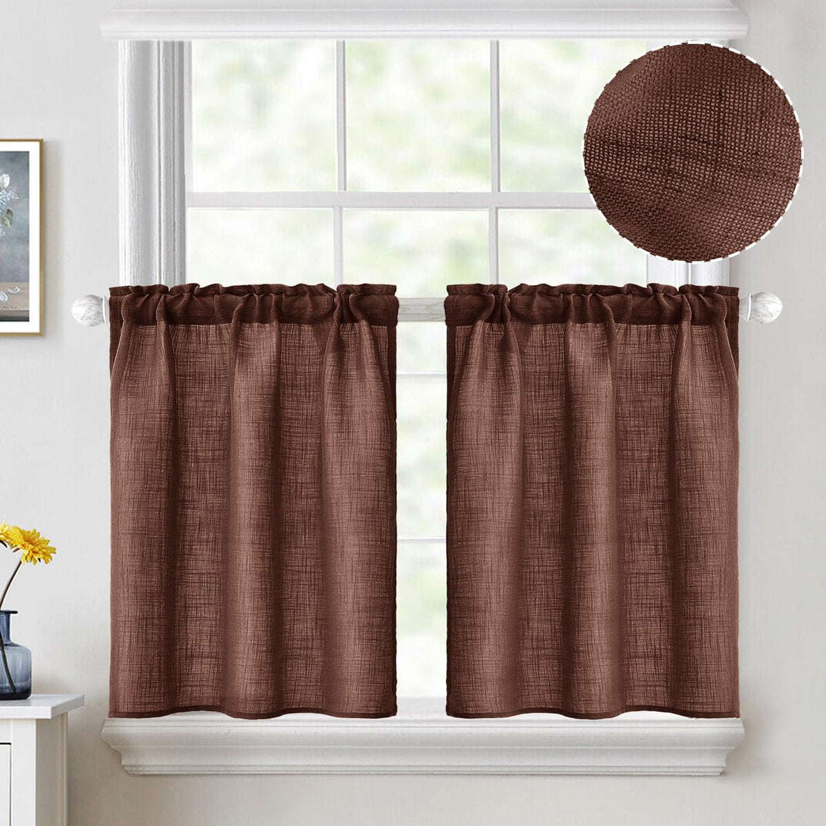 MIULEE Spring Linen Textured Kitchen Window Curtains over Sink 24 Inch Length Semi Sheer Farmhouse Small Curtains for Cafe Bathroom Basement, Short Rod Pocket Tier Curtains 2 Panels W26XL24 Sage Green