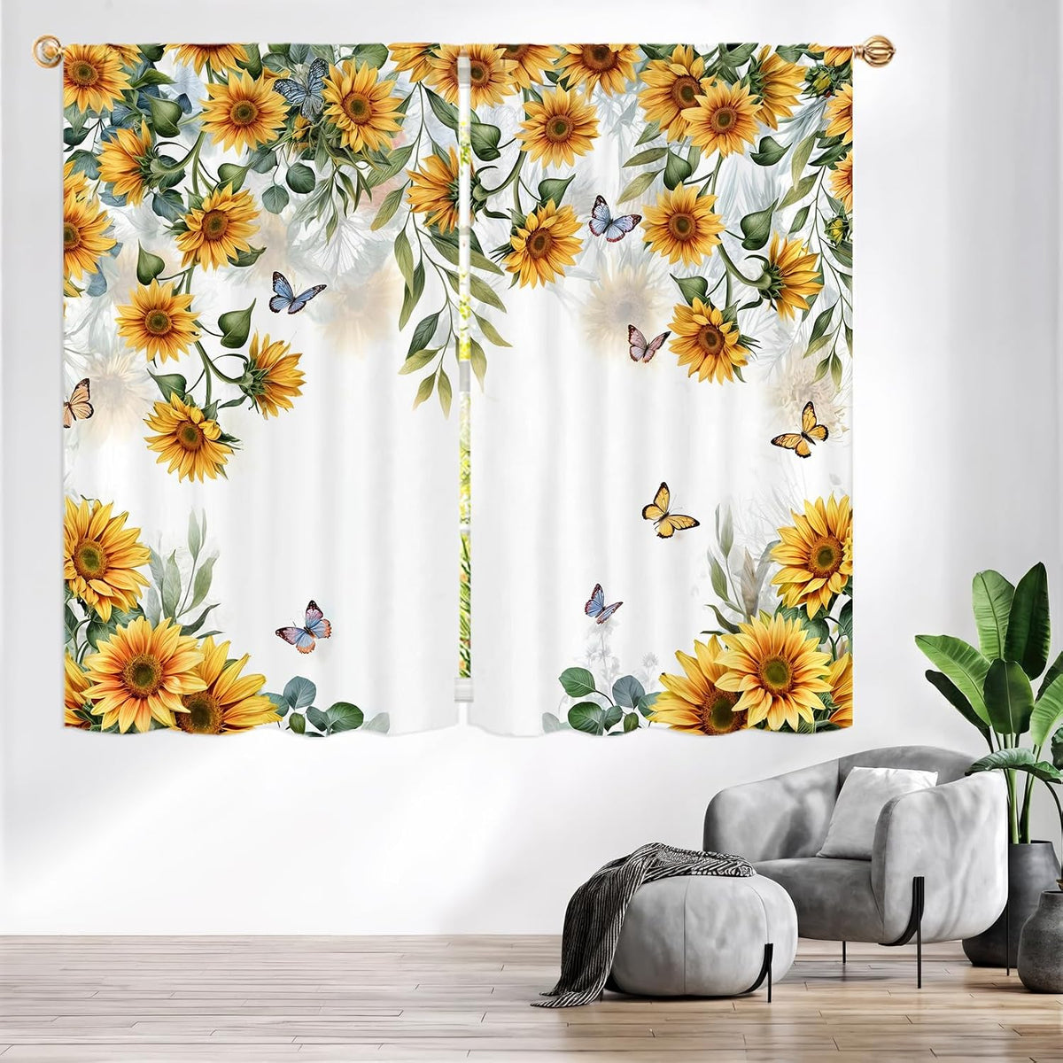 Yellow Sunflower Kitchen Curtains 42W X 63L Inch 2 Panels Rod Pocket Country Rustic Floral Flower Butterfly Farmhouse Over Sink Small Short Cafe Tier Window Treatment Bathroom Decor