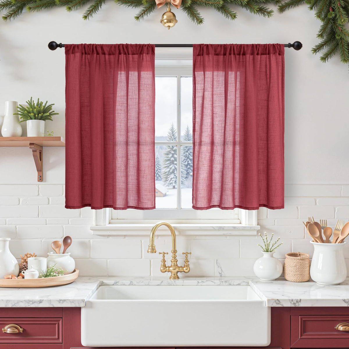 BGment Linen Kitchen Window Curtains Over Sink, 36 Inch Length Cafe Drapes