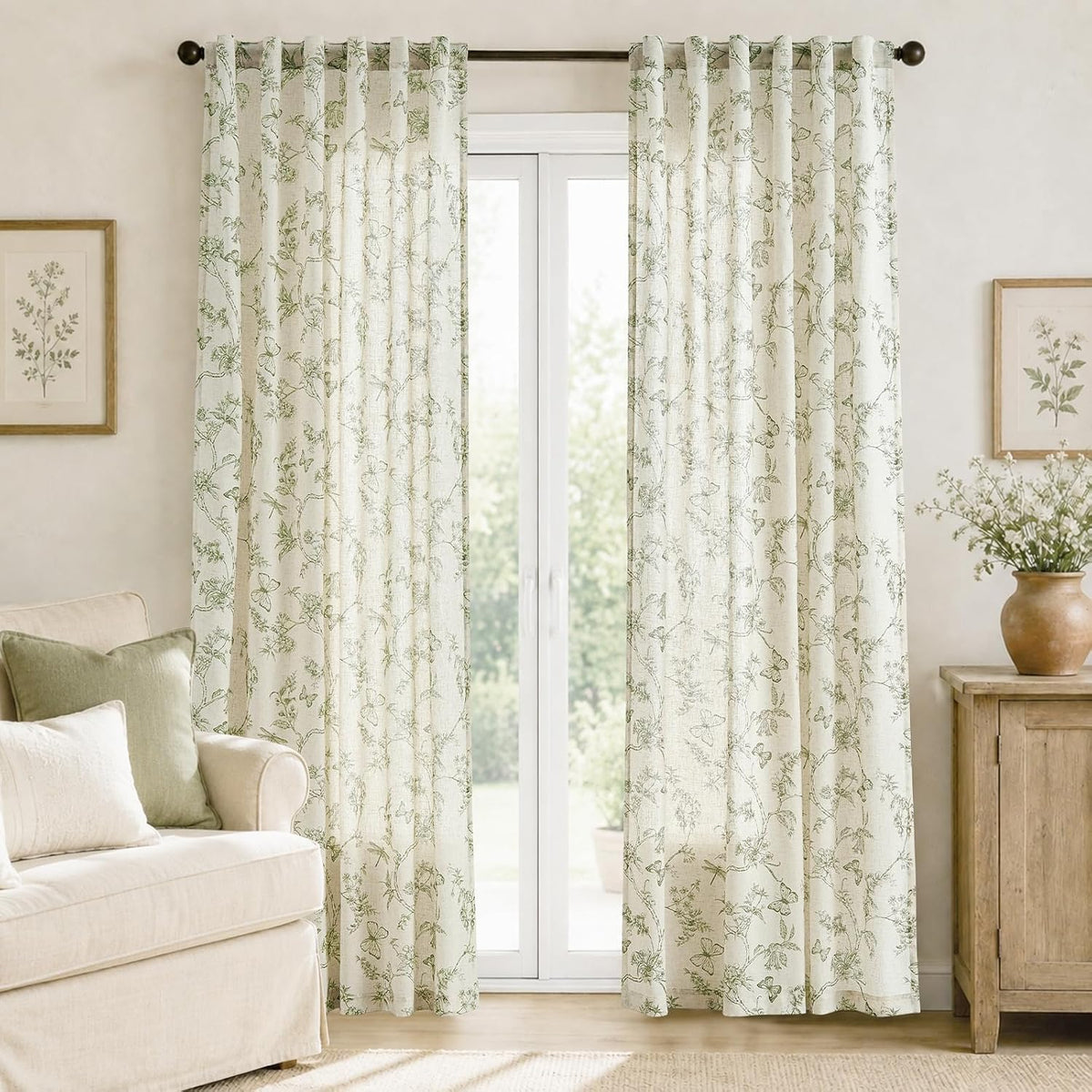 Lazzzy Green Floral Linen Curtains Farmhouse Rod Pocket 50W X 84L 2 Panels